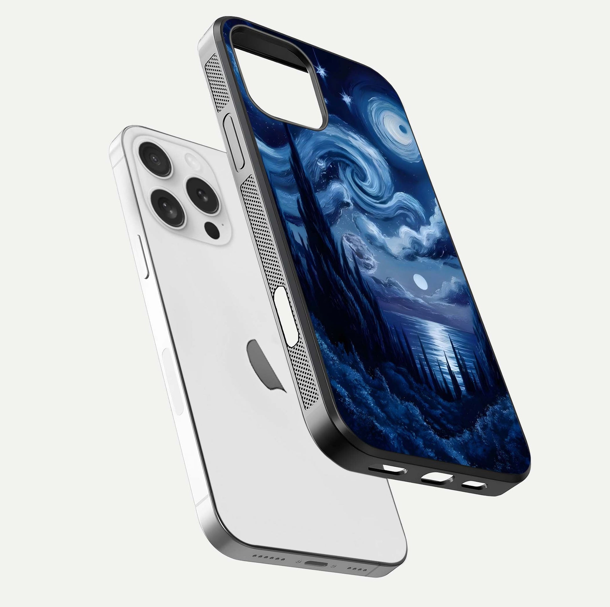 Celestial Dream Van Gogh Glass Case for iPhone 16 Pro floating mockup highlighting cosmic tones and smooth gloss