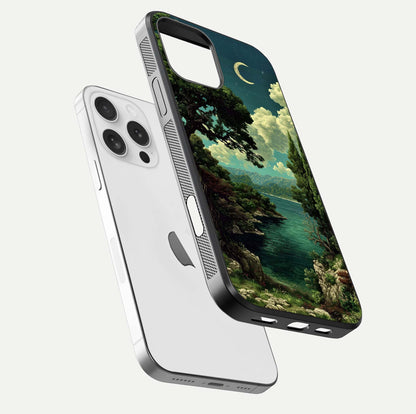 Celestial Lake Peace Glass Case for iPhone 16 Pro floating mockup capturing calm tones and smooth polish