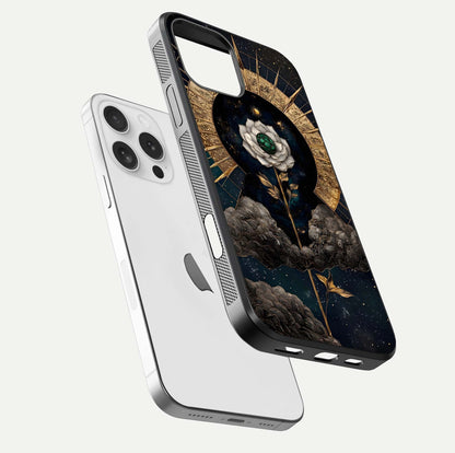 Celestial Lotus Morang Glass Case for iPhone 16 Pro floating mockup showing gloss depth and cosmic lotus glow