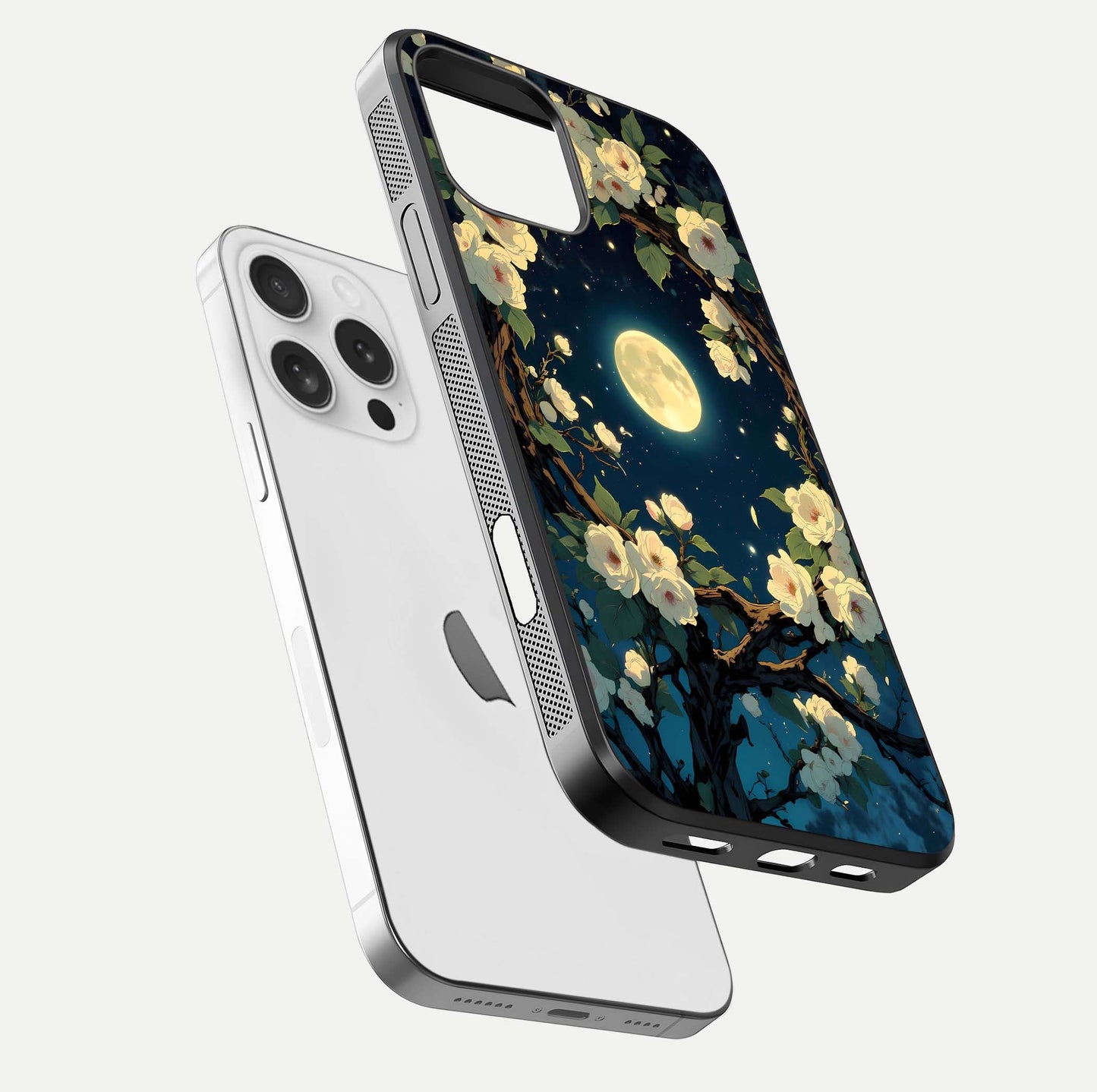 Celestial Moon & Flower Glass Case for iPhone 16 Pro floating mockup emphasizing HD shine and delicate texture