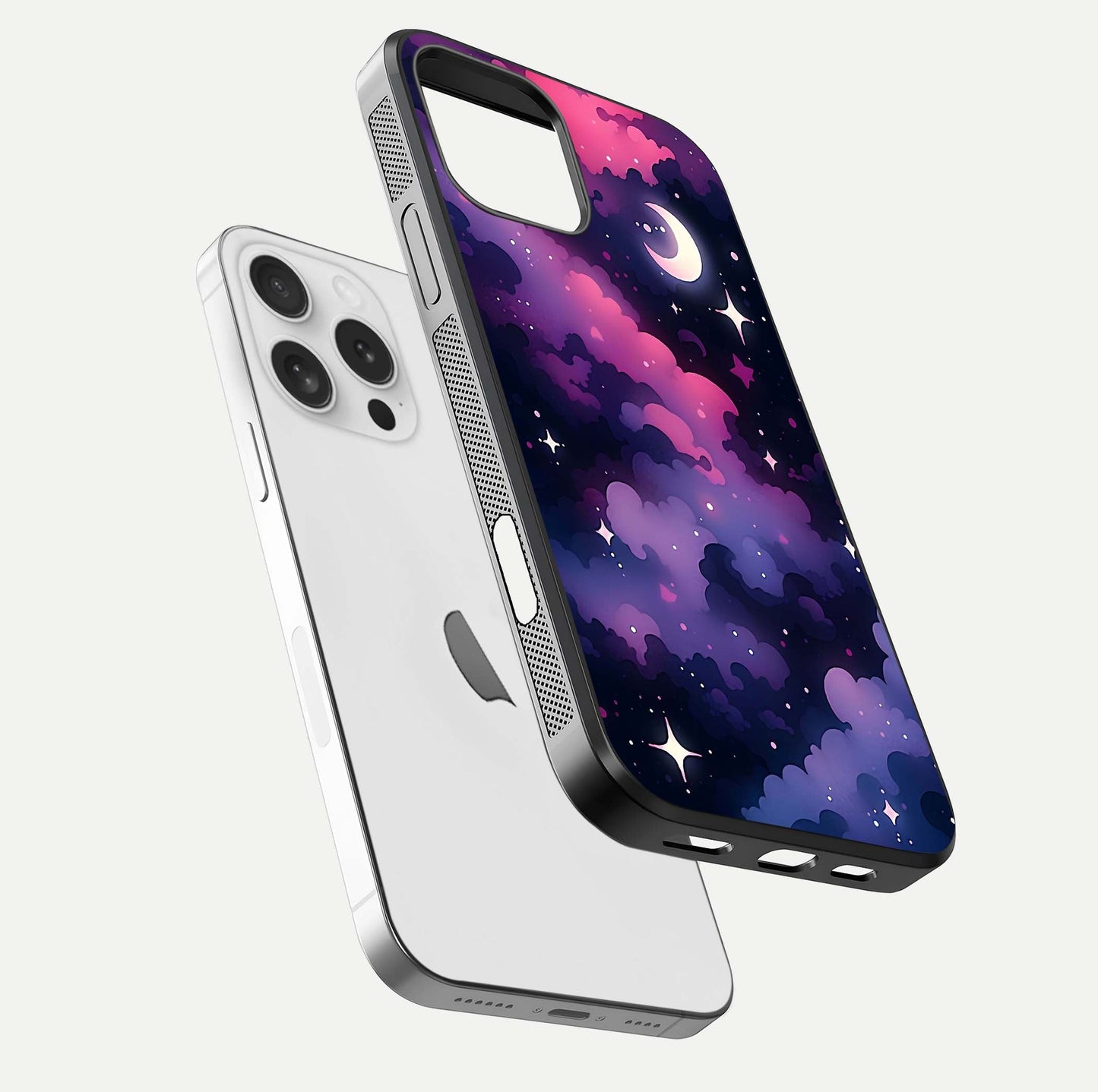 Celestial Moon Magic Glass Case for iPhone 16 Pro floating mockup showing reflection gradient and smooth polish