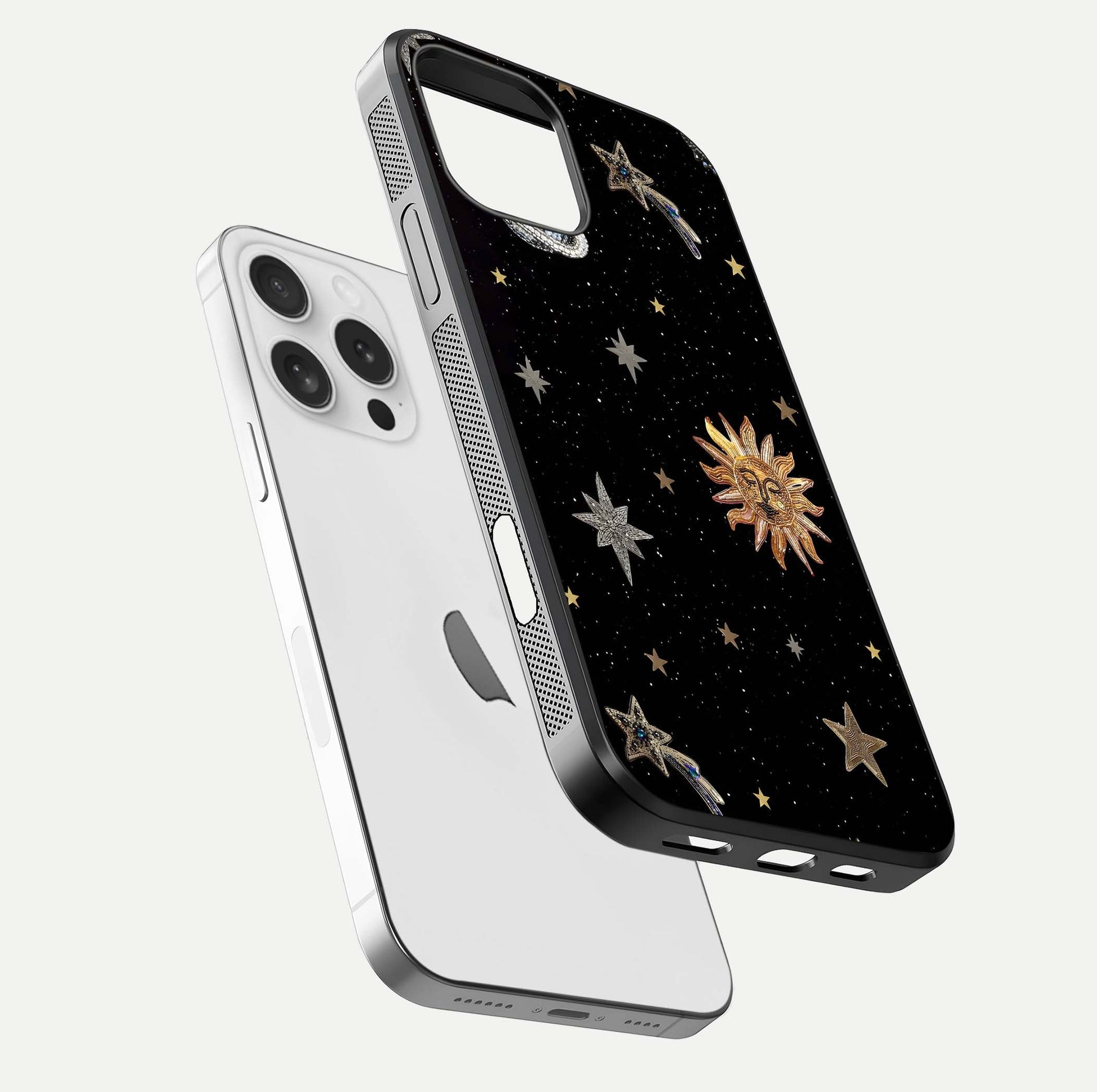 Celestial Moon With Stars Glass Case for iPhone 16 Pro floating mockup emphasizing star depth and gloss clarity