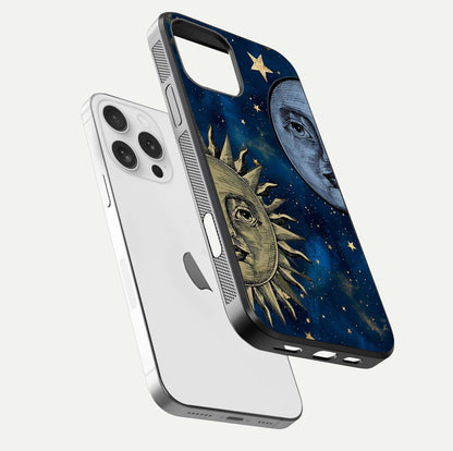 Celestial Moon With Sun Glass Case for iPhone 16 Pro floating mockup displaying vibrant contrast and HD gloss