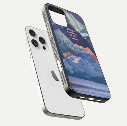 Celestial Mountain Calm Glass Case for iPhone 16 Pro floating mockup showing glow depth and polished edges