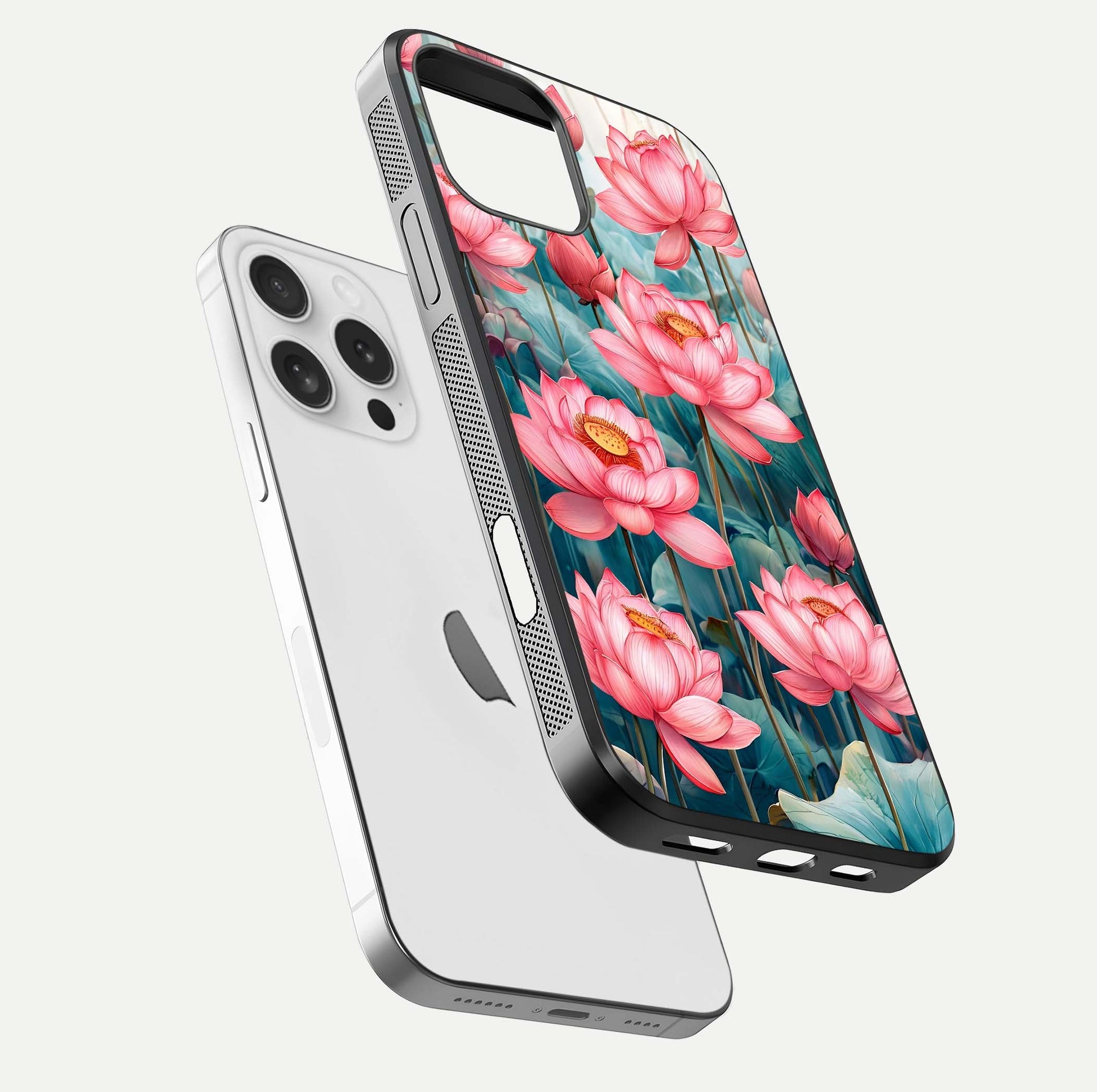 Celestial Pink Lotus Glass Case for iPhone 16 Pro floating mockup displaying cosmic tone and gloss surface