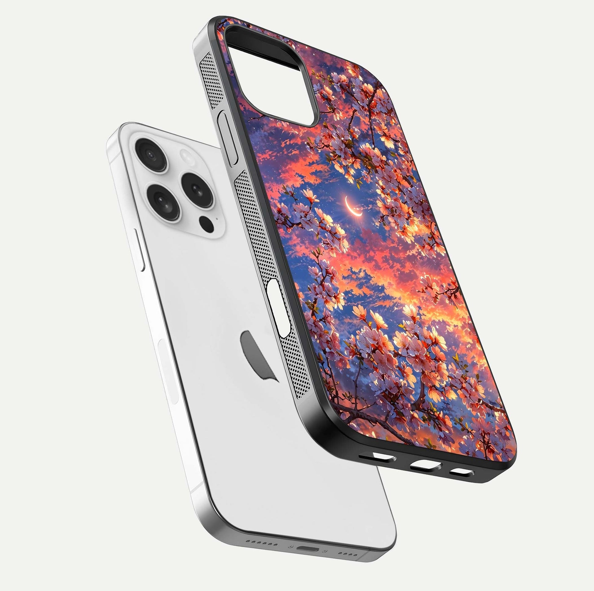 Celestial Sakura Sunset Glass Case for iPhone 16 Pro floating mockup capturing sunset hue and smooth gloss