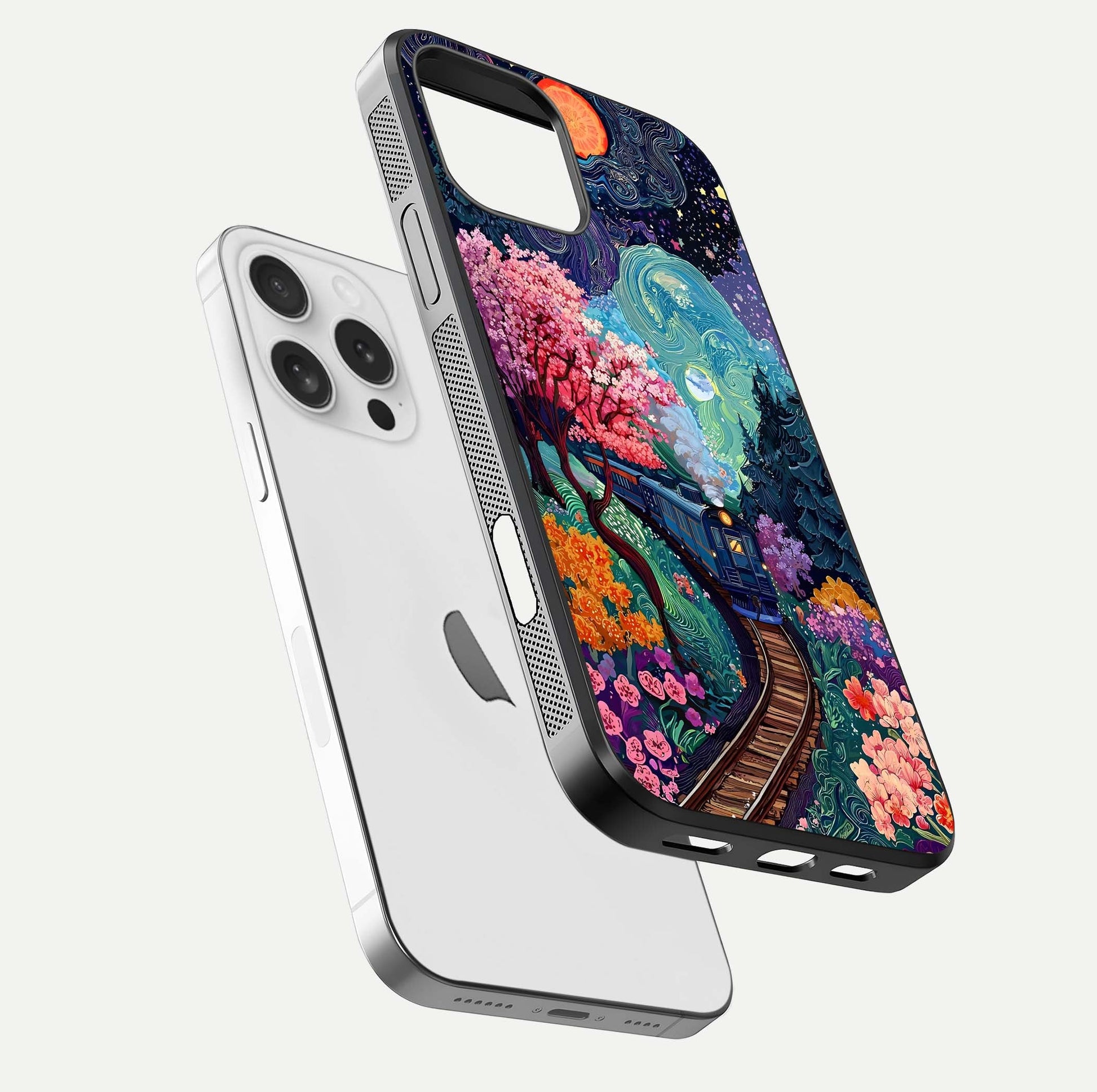 Celestial Train Journey Glass Case for iPhone 16 Pro floating mockup capturing gloss reflection and deep night hues