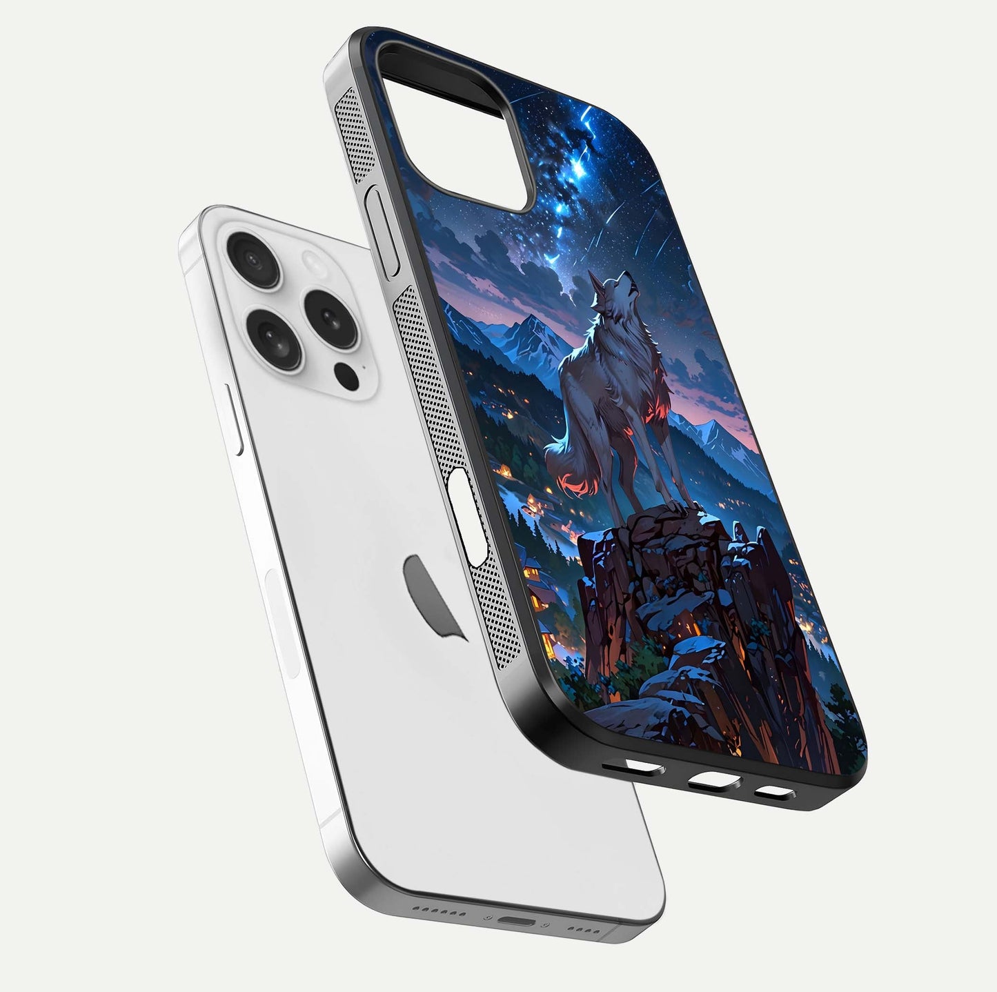 Celestial Wolf Howl Glass Case for iPhone 16 Pro floating mockup capturing reflection depth and silver gloss