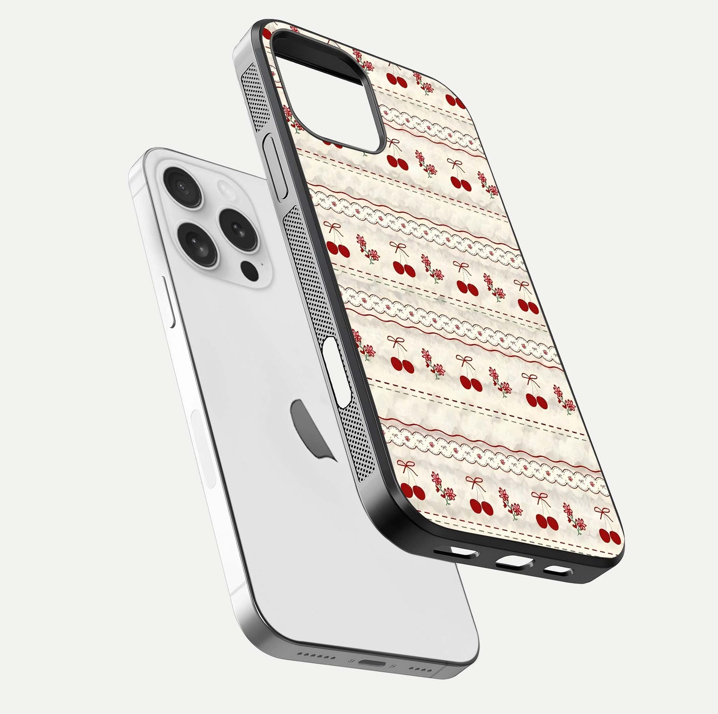 Cherry Bloom Charm Glass Case for iPhone 16 Pro floating mockup showing bloom texture and polished gloss