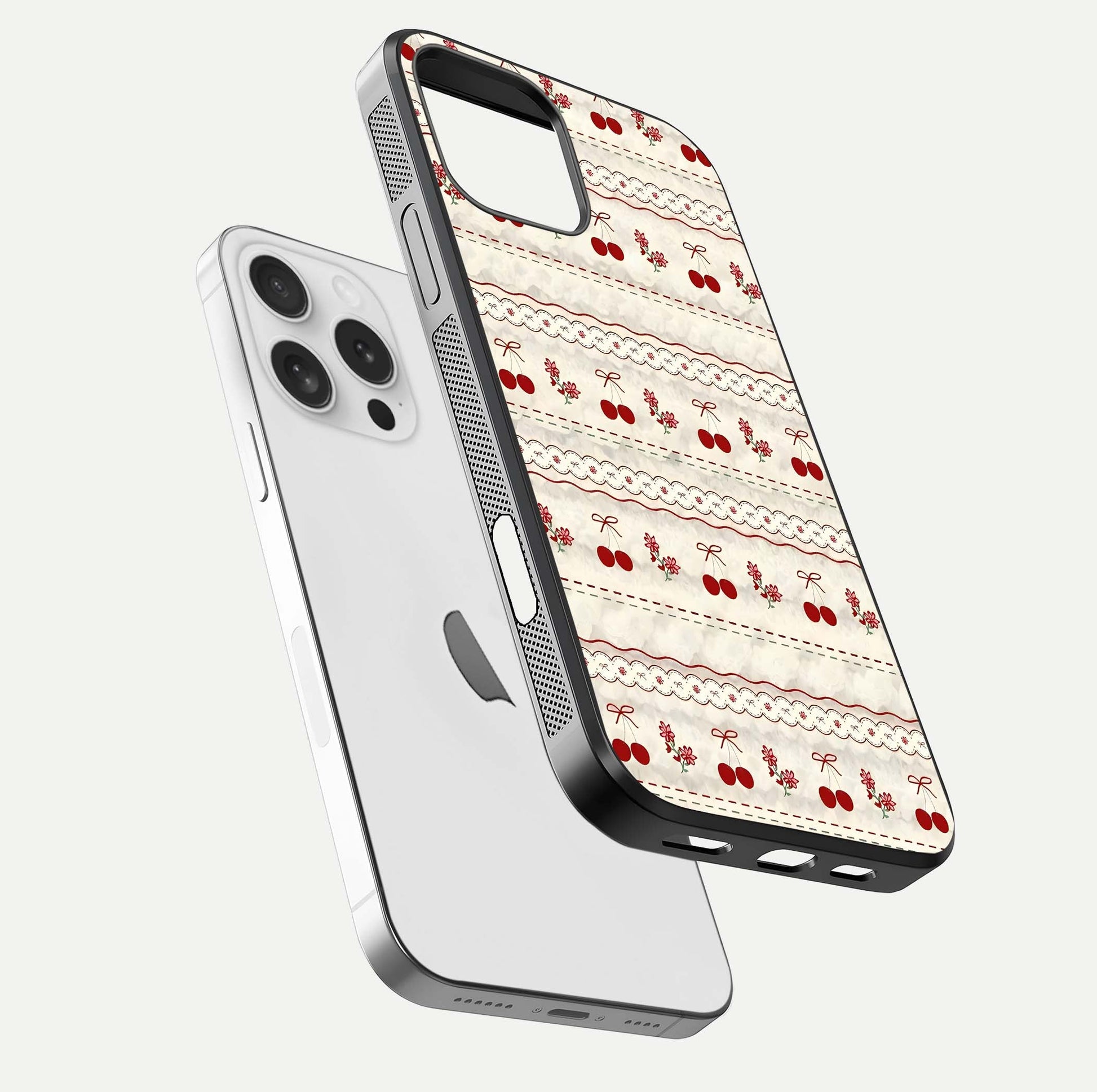 Cherry Bloom Charm Glass Case for iPhone 16 Pro floating mockup showing bloom texture and polished gloss