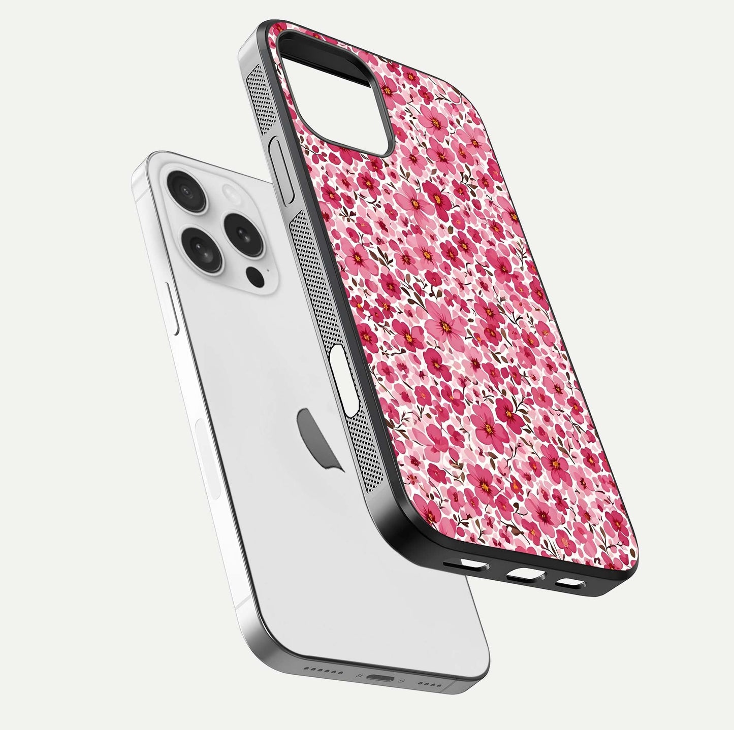 Cherry Blossom Charm Glass Case for iPhone 16 Pro floating mockup displaying pink tone flow and polished edges