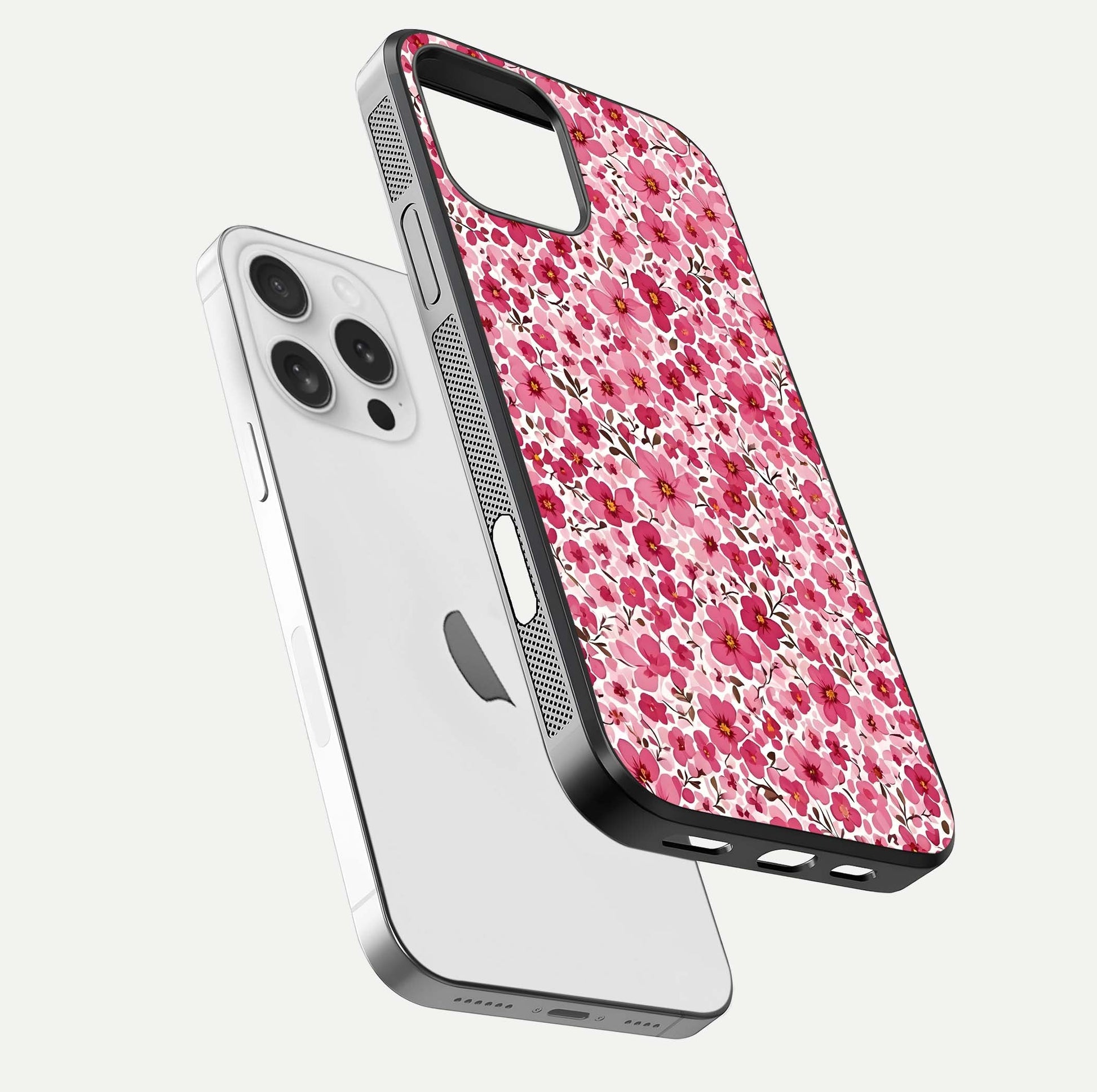 Cherry Blossom Charm Glass Case for iPhone 16 Pro floating mockup displaying pink tone flow and polished edges