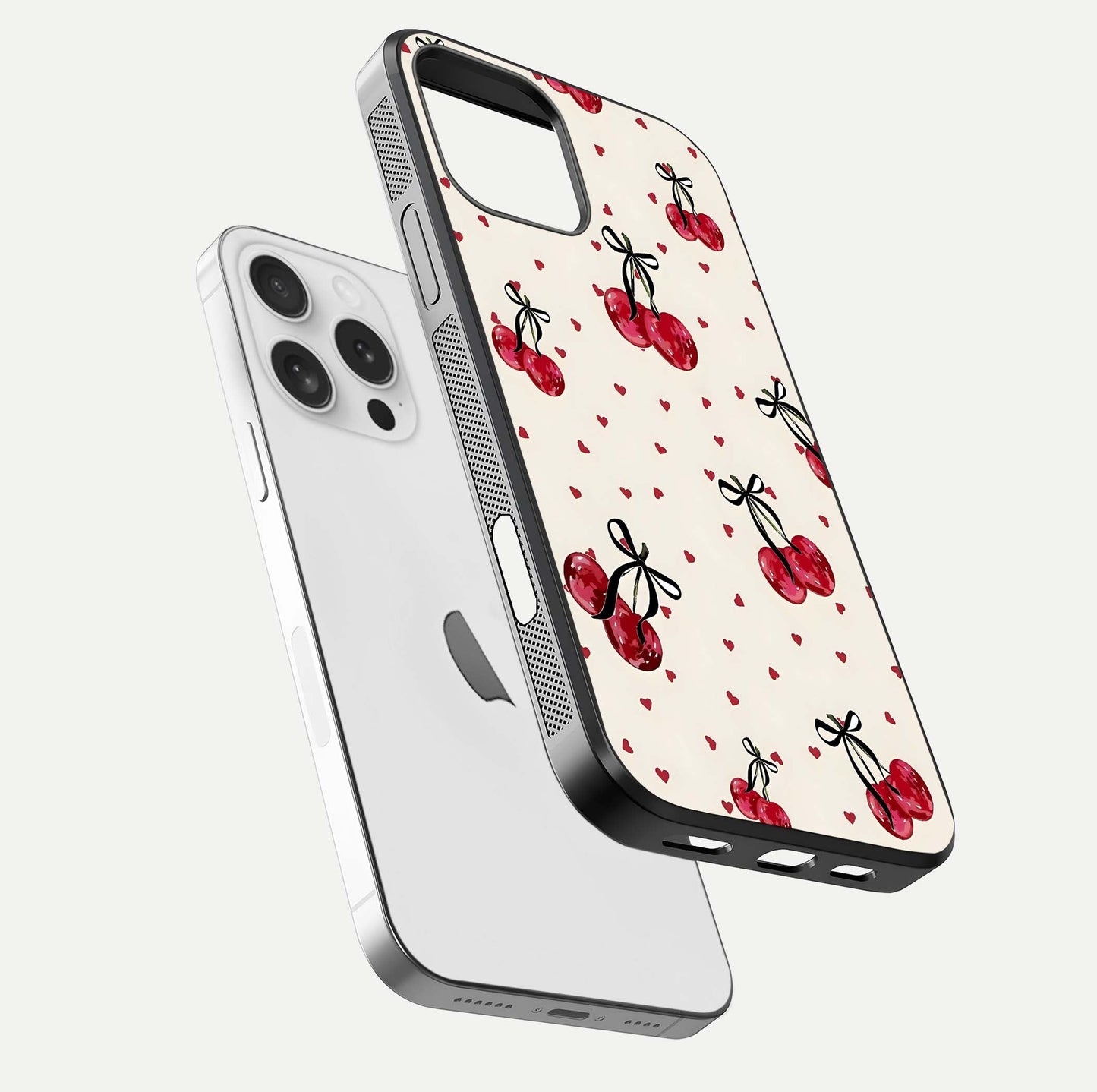Cherry Heart Bow Glass Case for iPhone 16 Pro floating mockup showing reflection and HD print detail