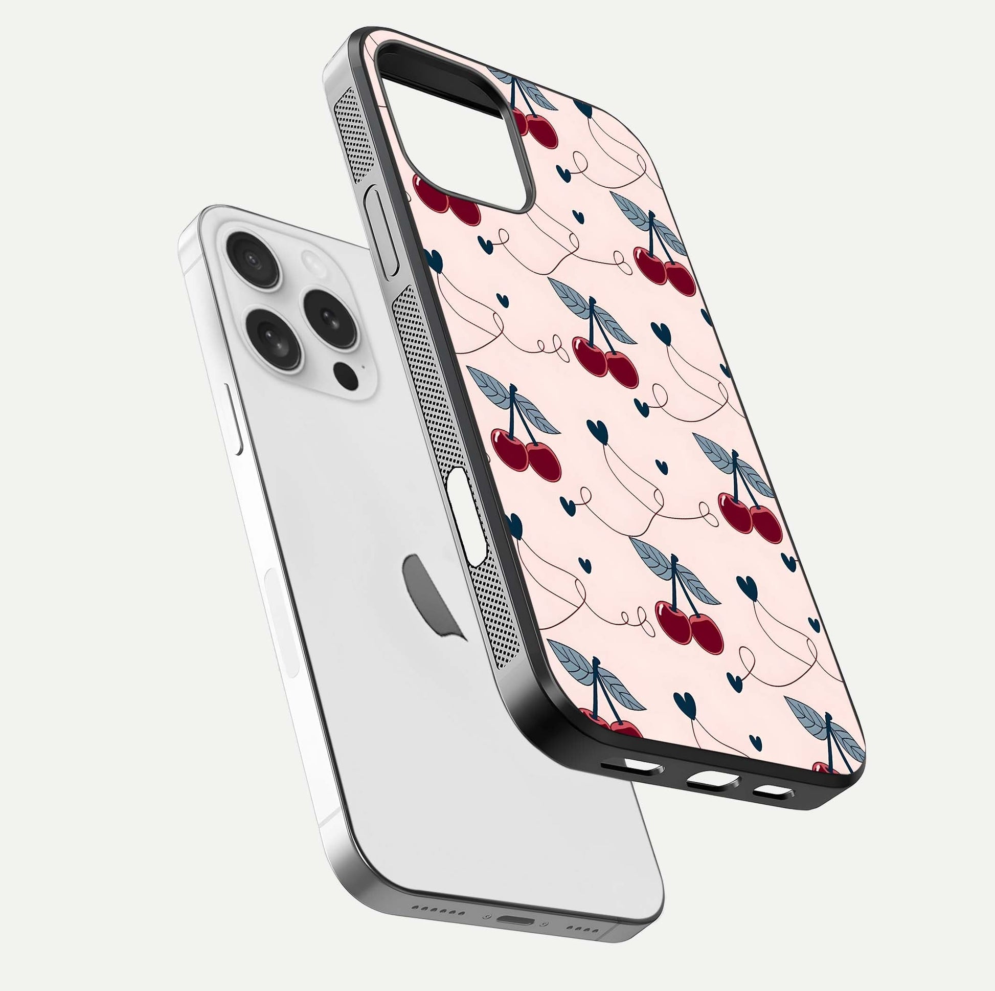 Cherry Heart Line Glass Case for iPhone 16 Pro floating mockup showing gloss polish and bright tones
