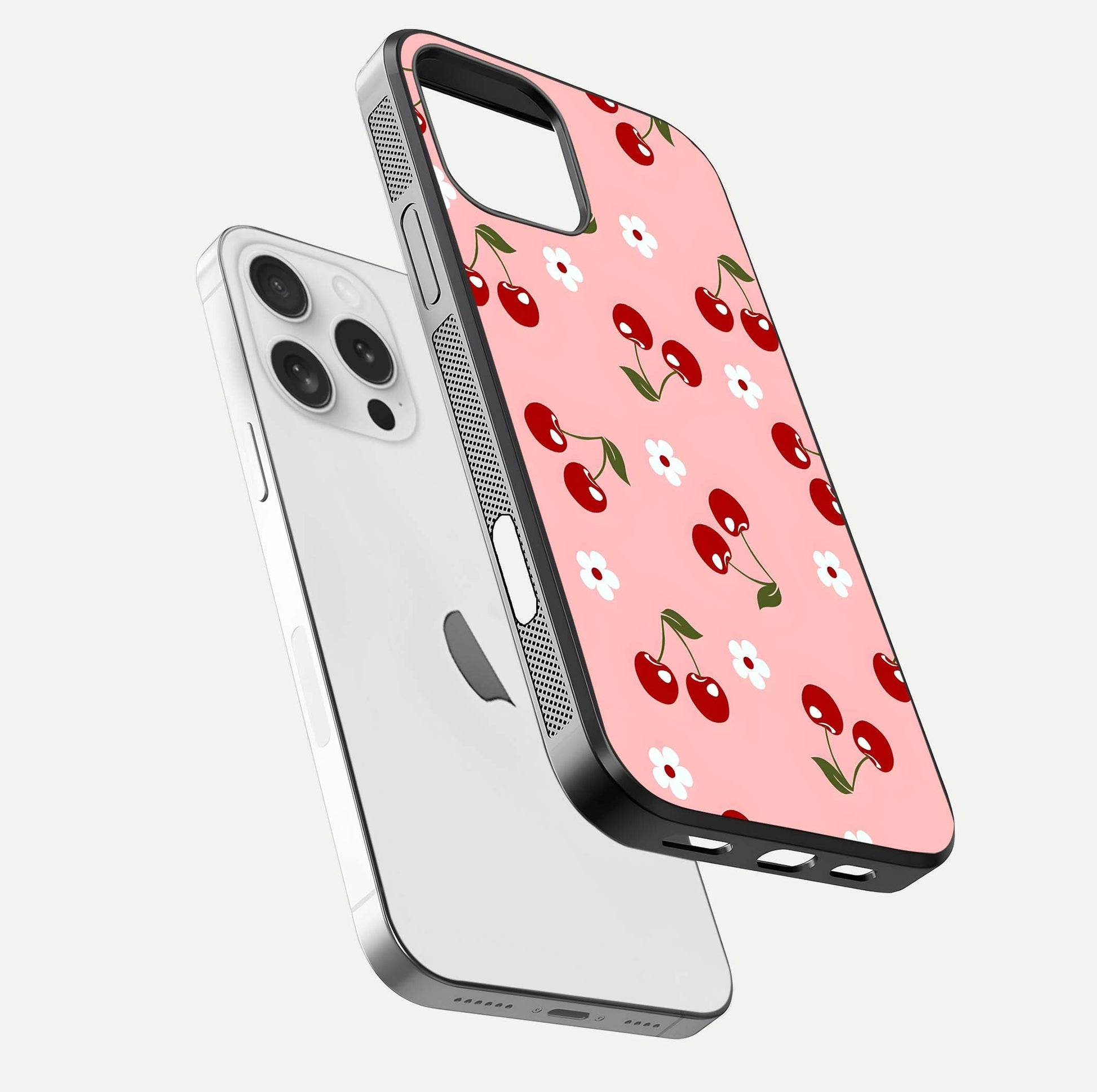 Cherry Love Mood Glass Case for iPhone 16 Pro floating mockup showing HD gloss reflection and red tones