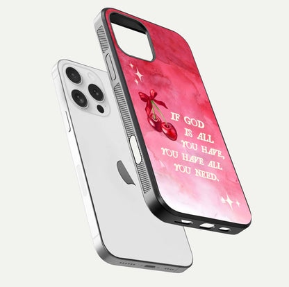 Cherry Quote Glass Case for iPhone 16 Pro floating mockup capturing shine texture and clear typography