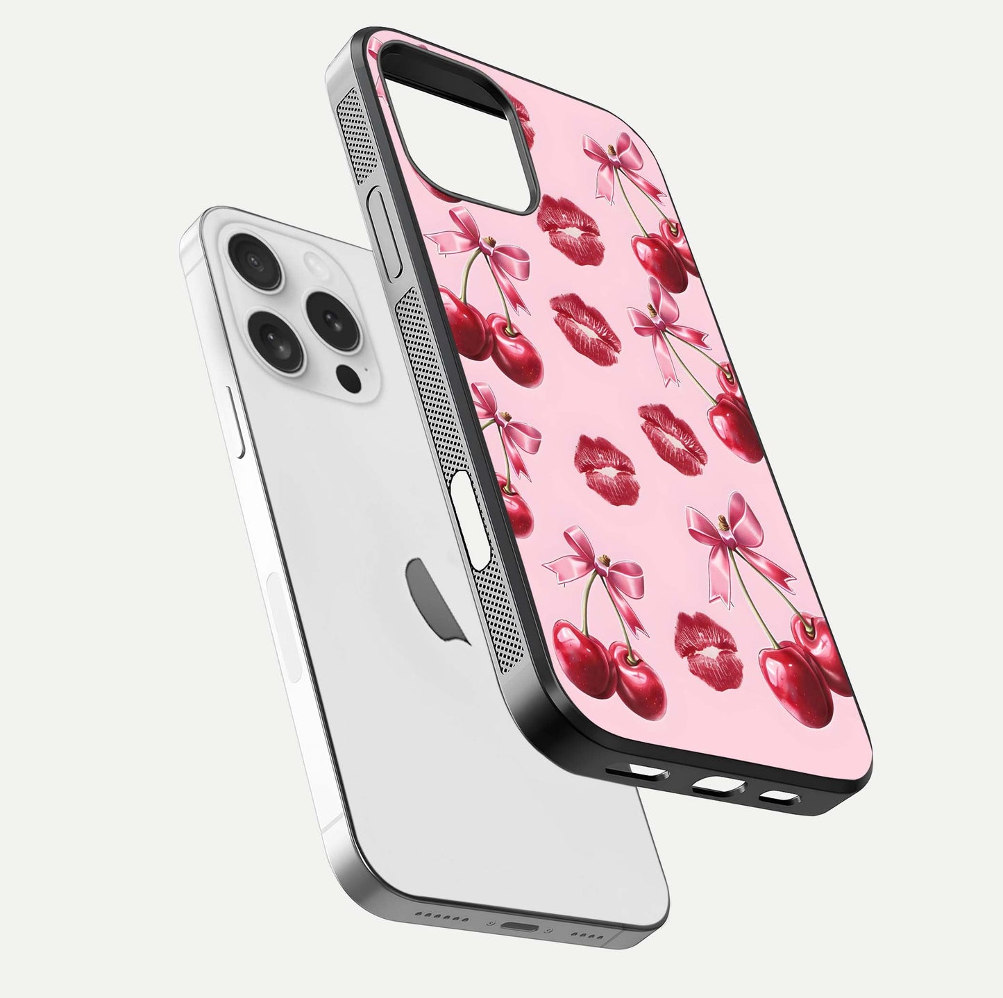 Cherry With Lips Glass Case for iPhone 16 Pro floating mockup showing HD gloss and pop-art inspired tones