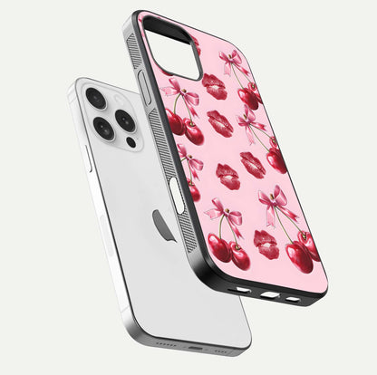 Cherry With Lips Glass Case for iPhone 16 Pro floating mockup showing HD gloss and pop-art inspired tones