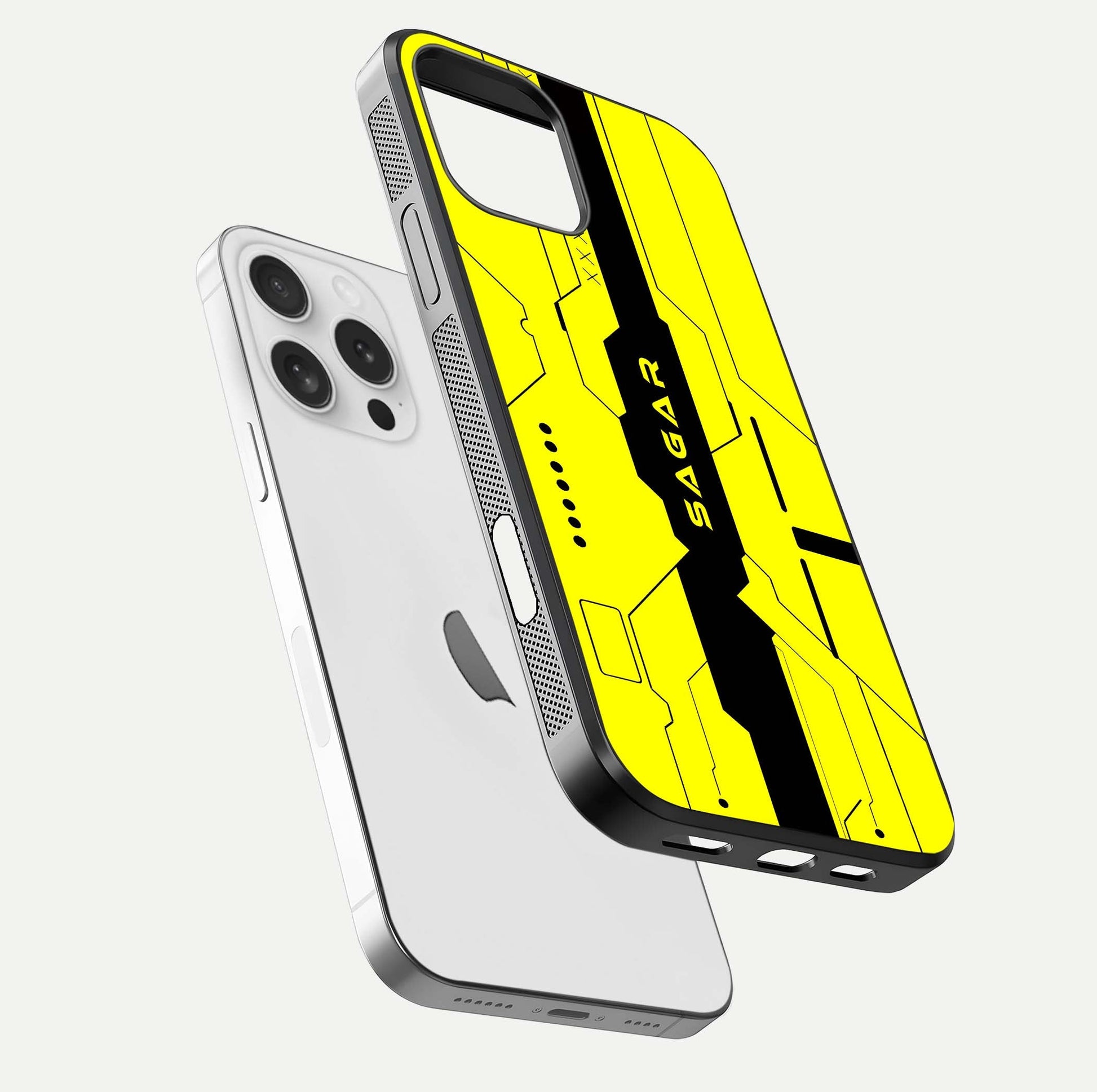 Circuit CYBERPUNK Custom Name Glass Case for iPhone 16 Pro floating mockup capturing glow effects and polished shine