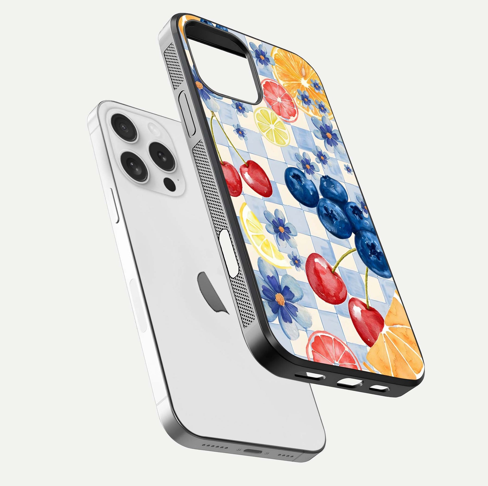 Citrus Bloom Joy Glass Case for iPhone 16 Pro floating mockup showing HD gloss and lively tone