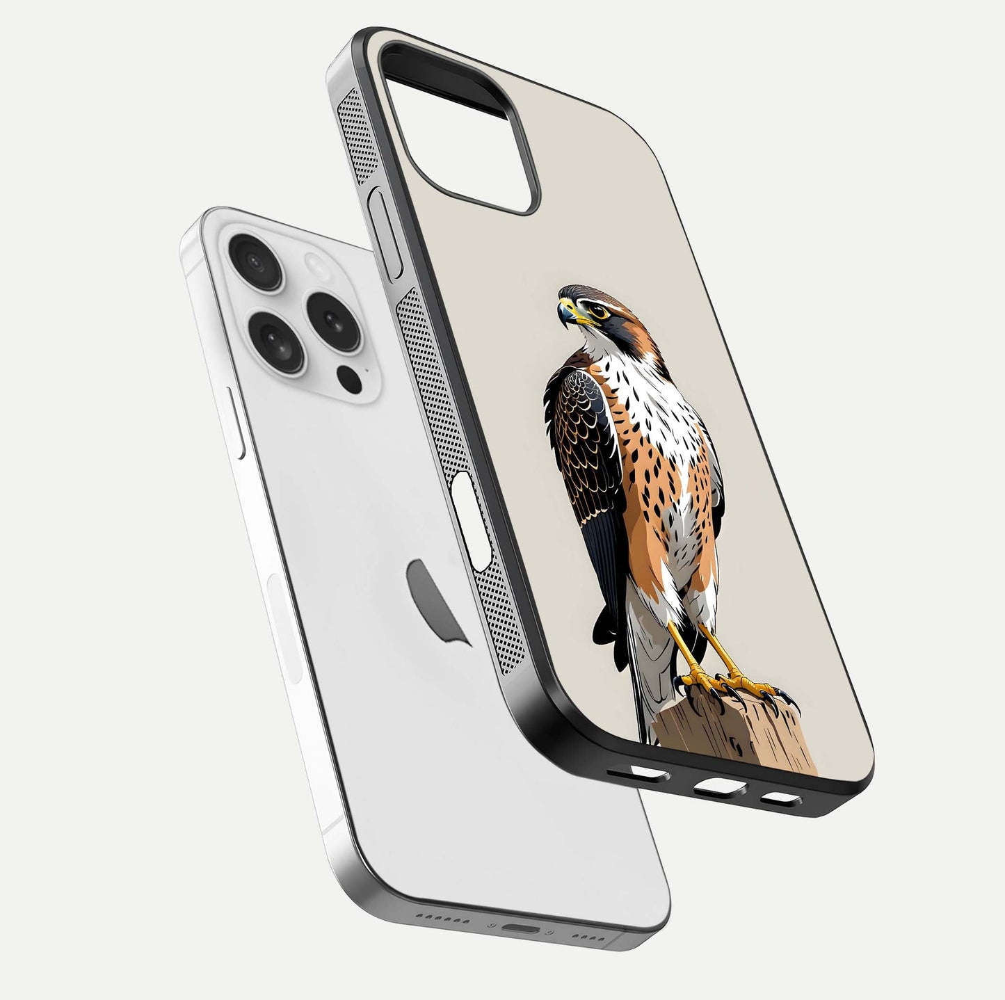 Clever Eagle Glass Case for iPhone 16 Pro floating mockup displaying sharp gloss and art contrast