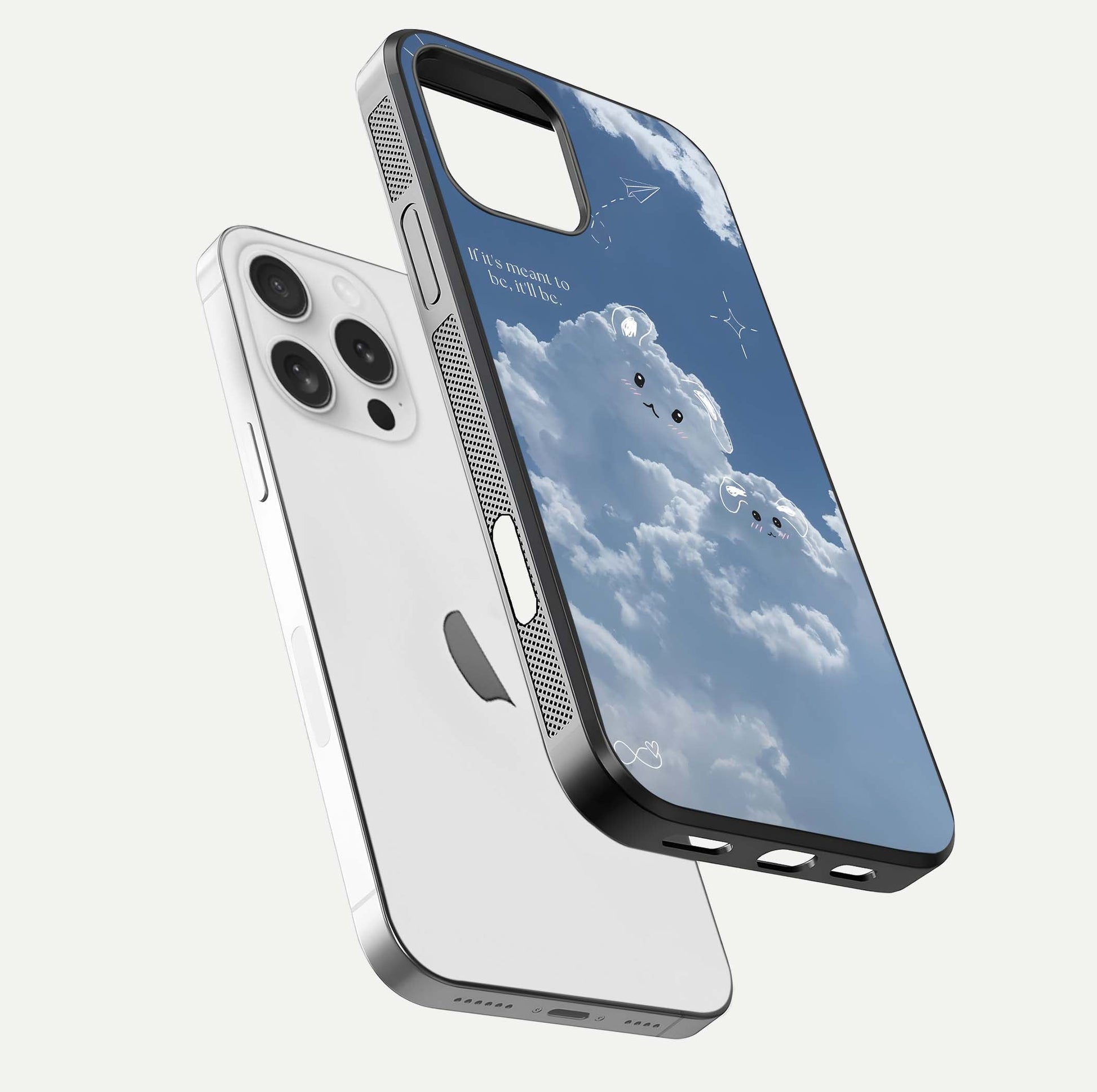 Cloud Bunny Dreams Glass Case for iPhone 16 Pro floating mockup showing soft gradient and gloss reflection