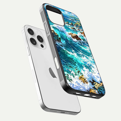 Coastal Blue Waves Glass Case for iPhone 16 Pro floating mockup showing HD reflection and wave details
