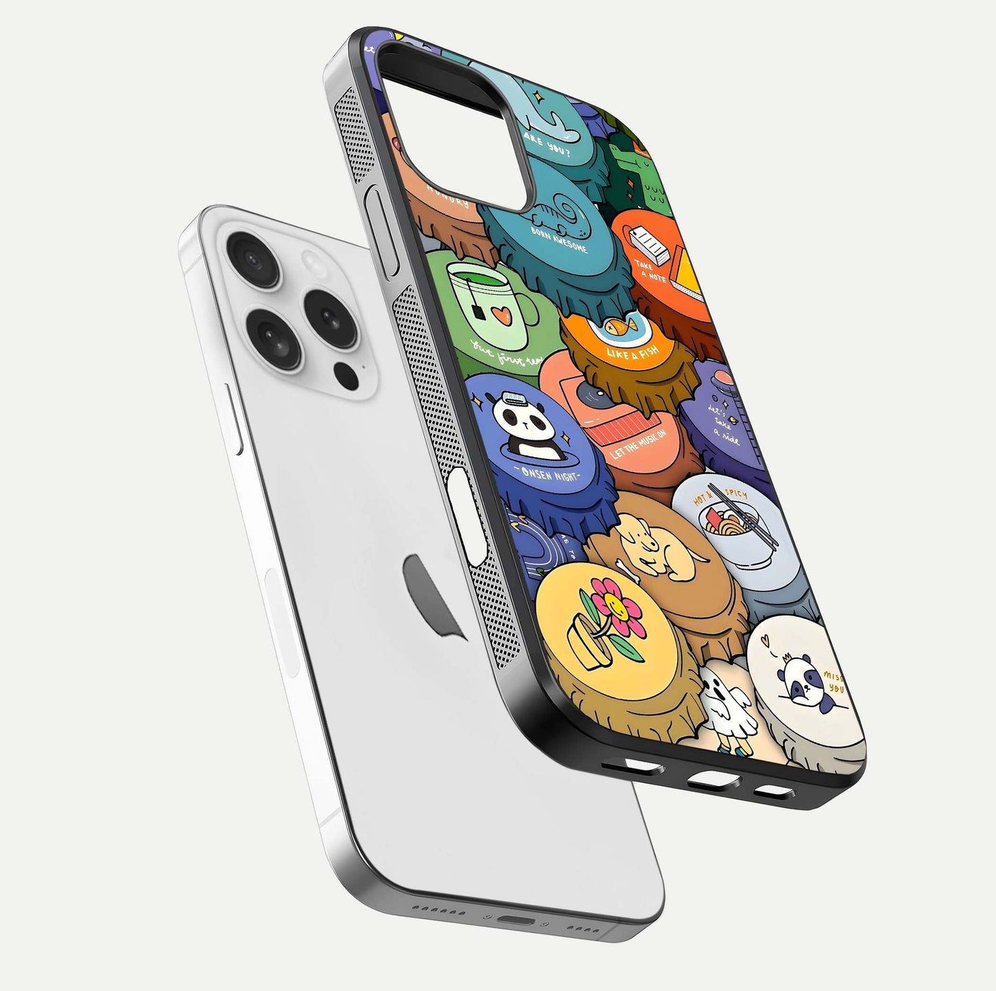 Coins Patterns Glass Case for iPhone 16 Pro floating mockup showing reflection depth and smooth tone