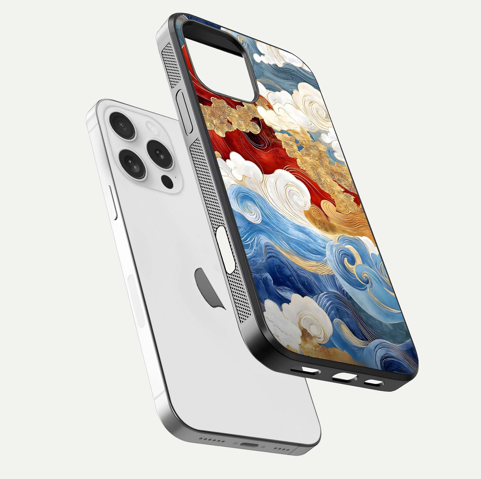 Colored Waves Glass Case for iPhone 16 Pro floating dual-view mockup displaying gloss finish and color contrast