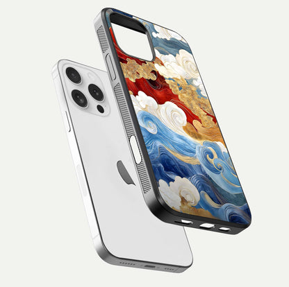Colored Waves Glass Case for iPhone 16 Pro floating dual-view mockup displaying gloss finish and color contrast