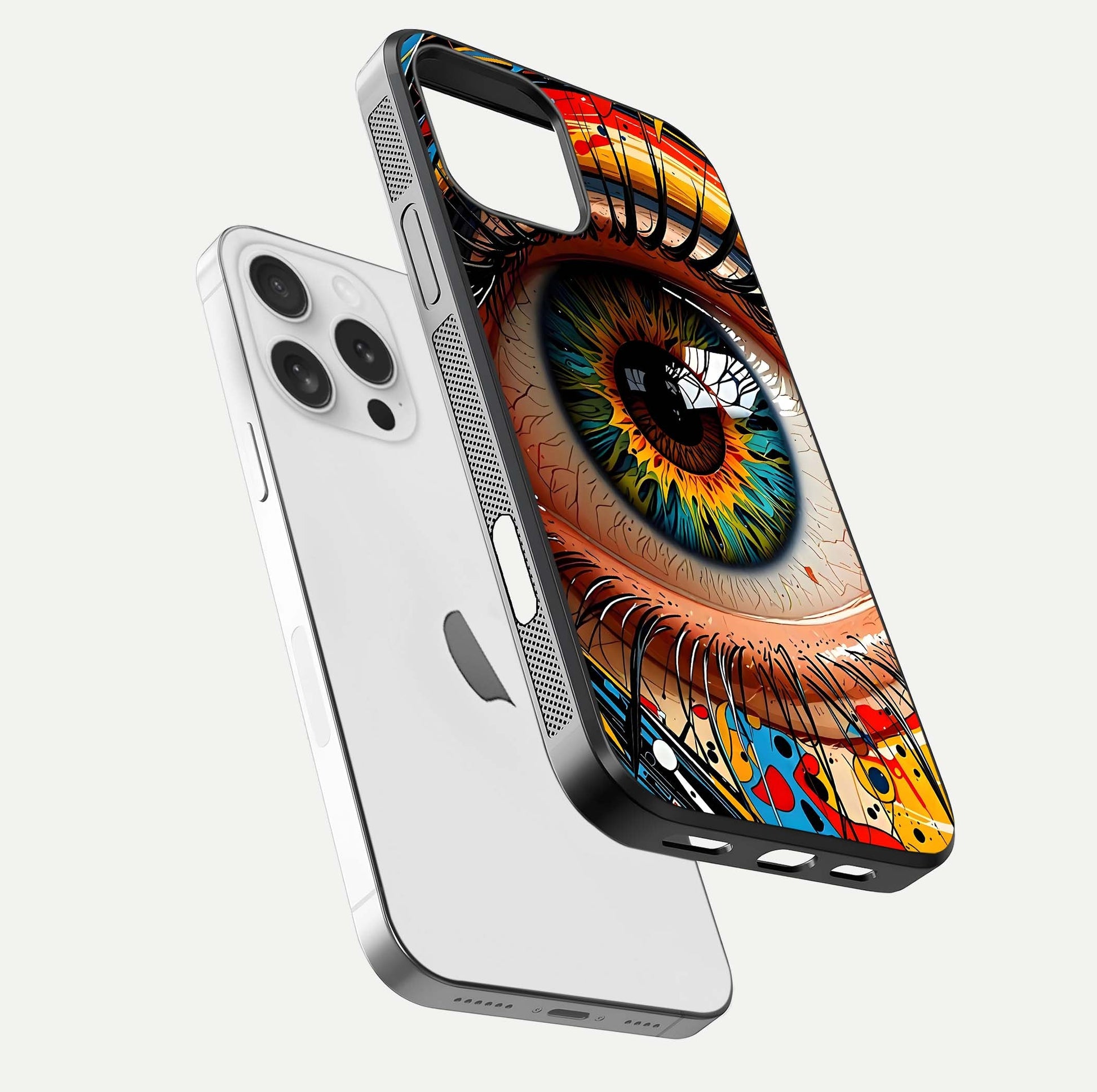 Colorful Eye Glass Case for iPhone 16 Pro floating mockup showing bright contrast and gloss clarity