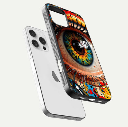 Colorful Eye Glass Case for iPhone 16 Pro floating mockup showing bright contrast and gloss clarity