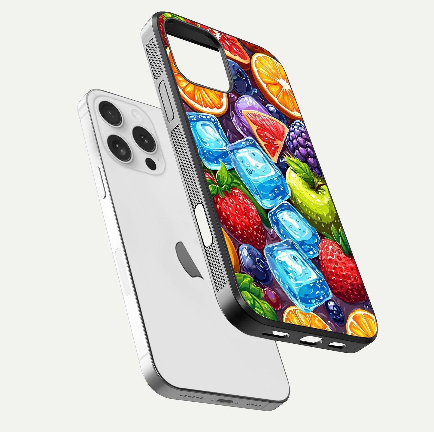 Colorful Fruits with Ice Glass Case for iPhone 16 Pro floating mockup showing bright shine and crystal clarity