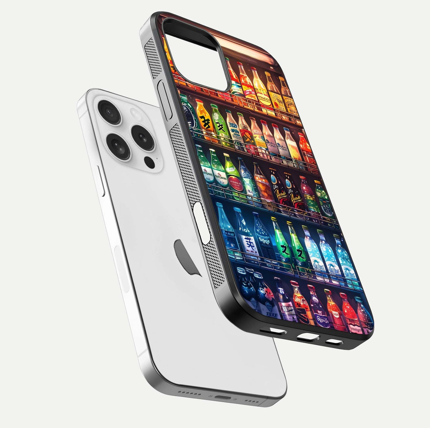 Colorful Soda Bottles Glass Case for iPhone 16 Pro floating mockup showing light reflection and bright gloss