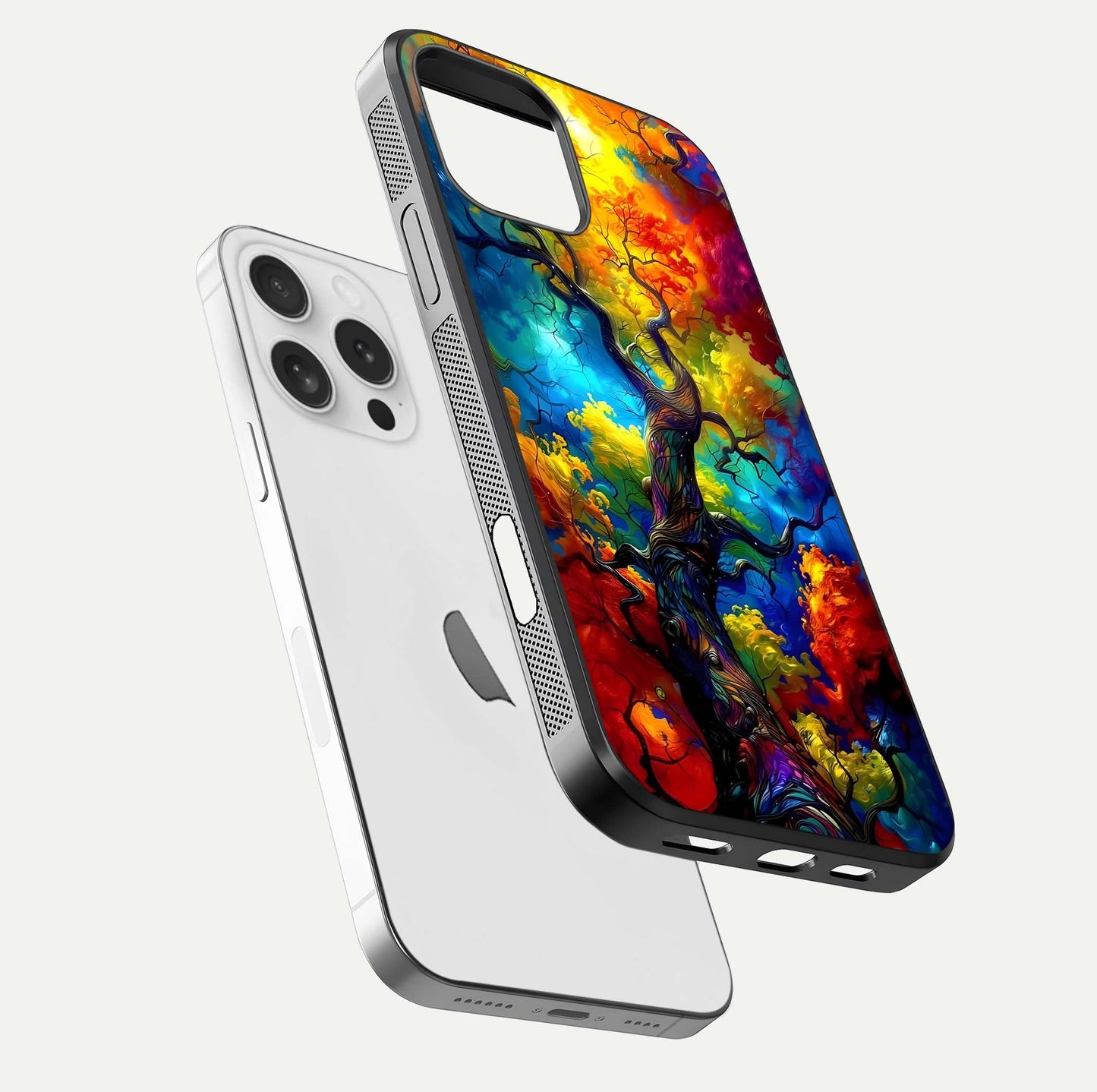 Colorful Tree Glass Case for iPhone 16 Pro floating mockup showing reflection gloss and vivid hues