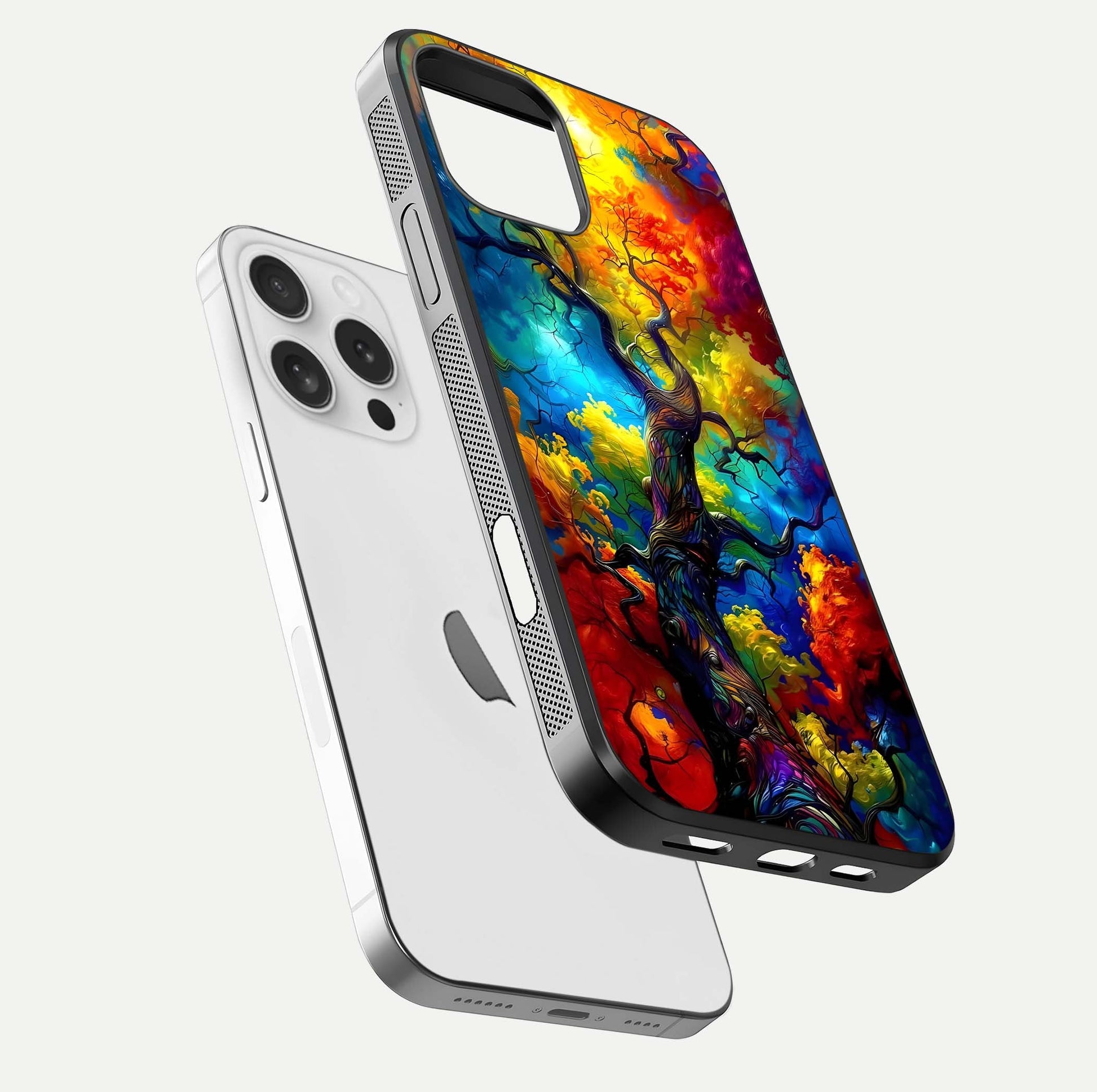 Colorful Tree Glass Case for iPhone 16 Pro floating mockup showing reflection gloss and vivid hues