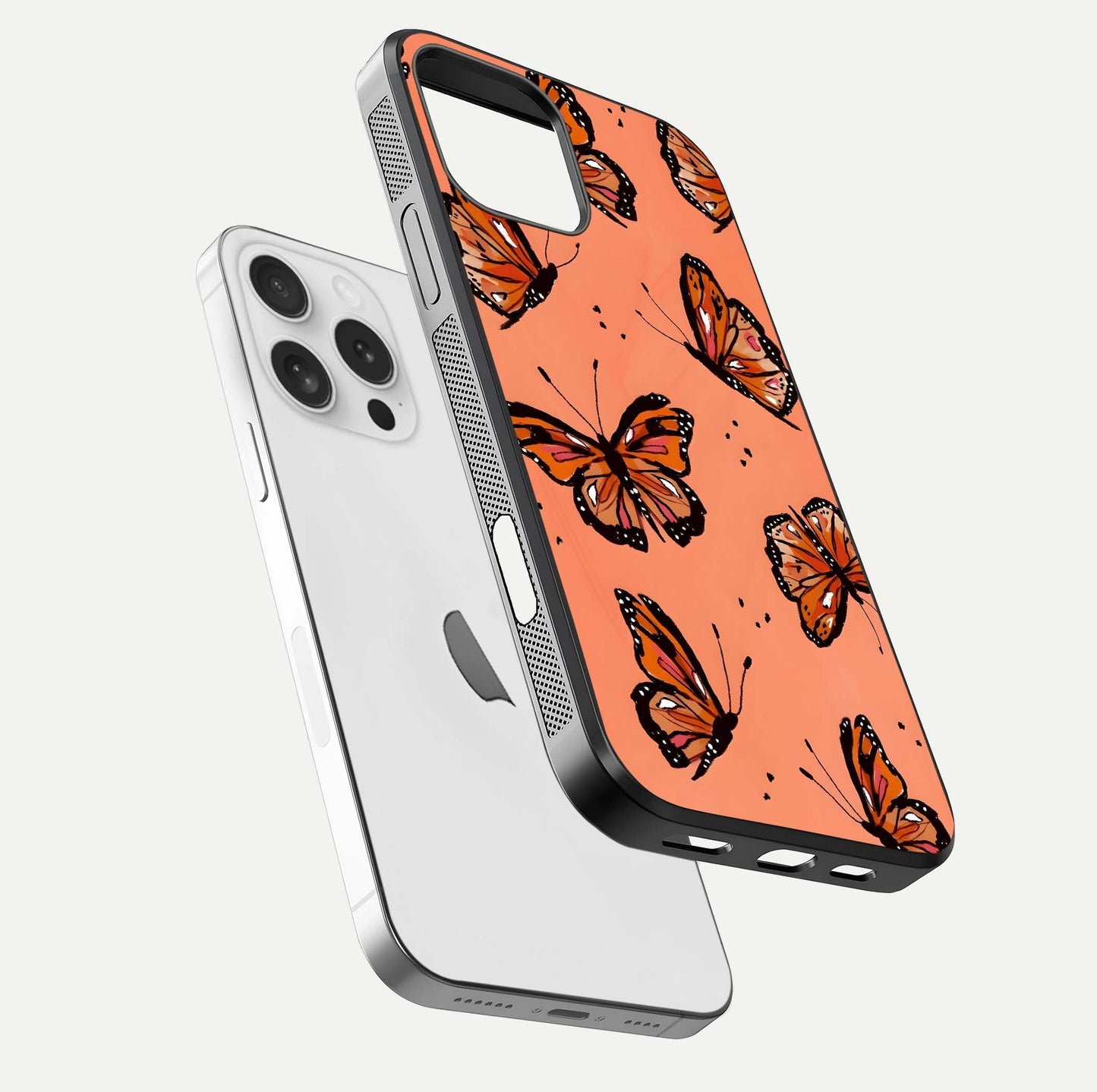 Coral Wing Butterfly Glass Case for iPhone 16 Pro floating mockup showing HD gloss texture and vivid coral color