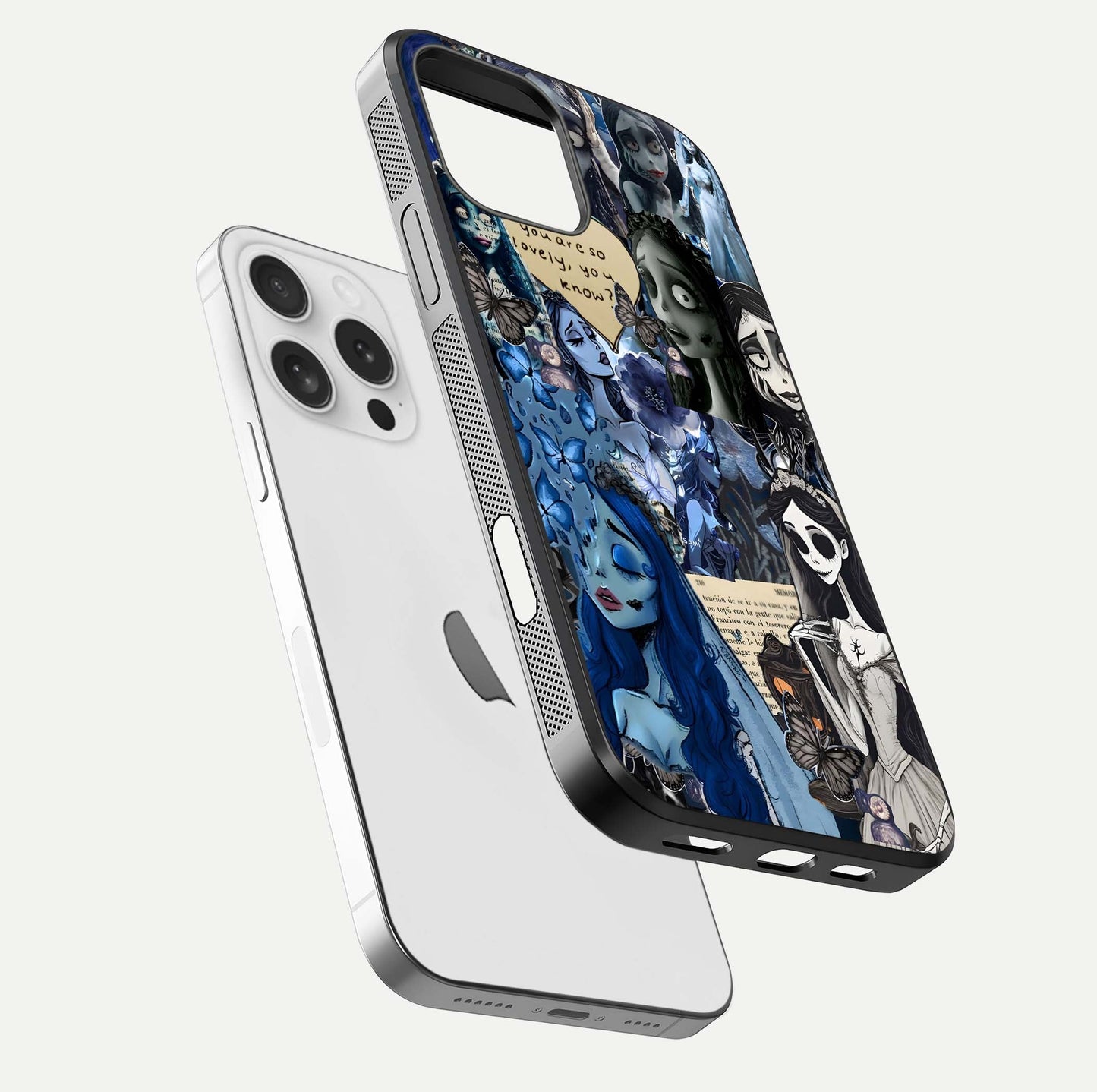 Corpse Bride Posters Glass Case for iPhone 16 Pro floating mockup showing shine texture and clear design