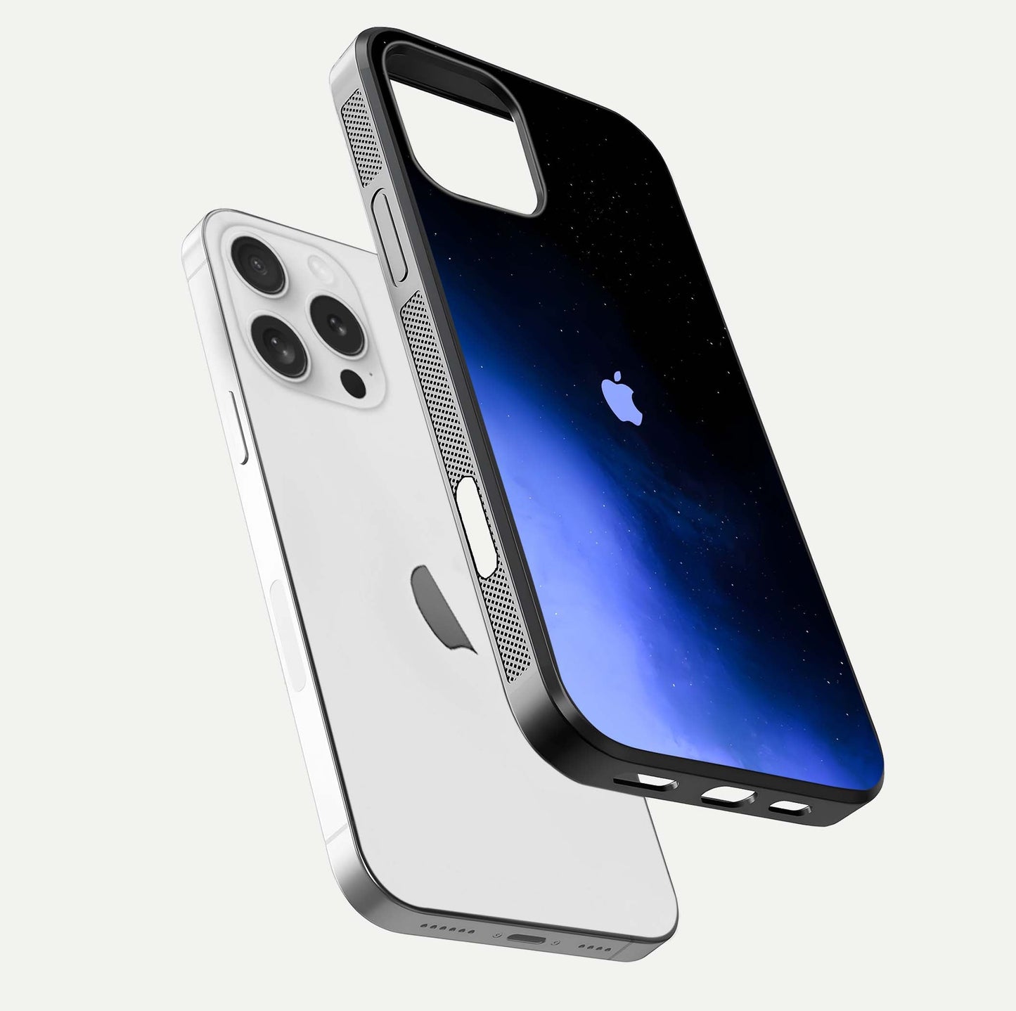 Cosmic Blue Apple Glass Case for iPhone 16 Pro floating mockup showing HD gloss and deep space gradient