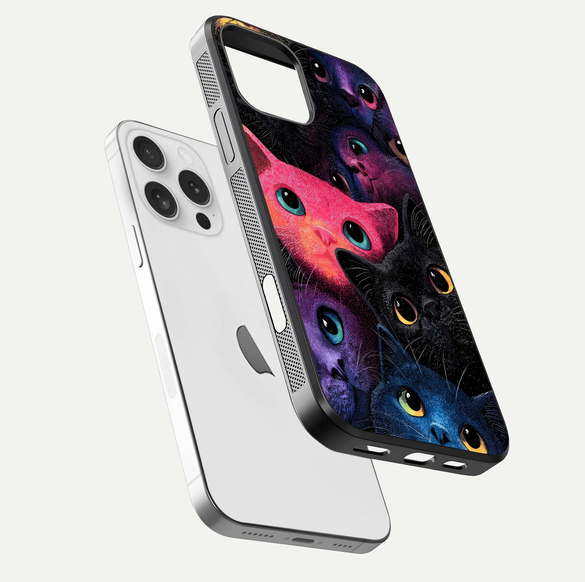 Cosmic Cats Dreams Glass Case for iPhone 16 Pro floating mockup showing star details and polish reflection