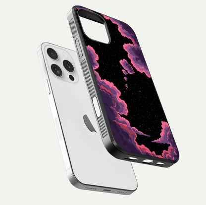 Cosmic Cloud Journey Glass Case for iPhone 16 Pro floating mockup showing HD gloss and cosmic gradient