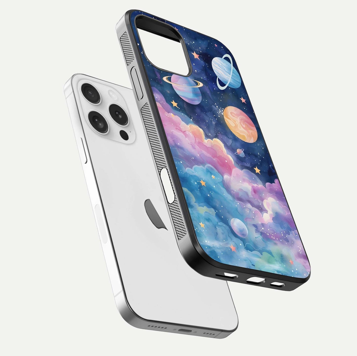 Cosmic Planet Dreams Glass Case for iPhone 16 Pro floating mockup showing HD gloss and cosmic reflection
