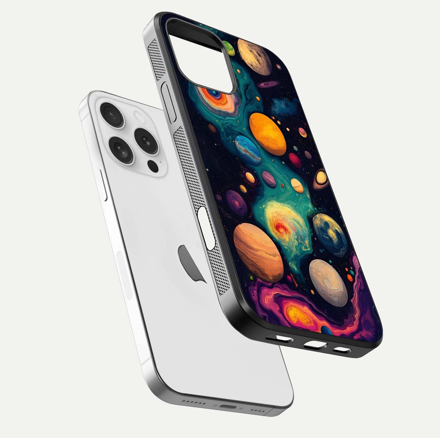 Cosmic Planet Journey Glass Case for iPhone 16 Pro floating mockup showing gloss gradient and deep shine
