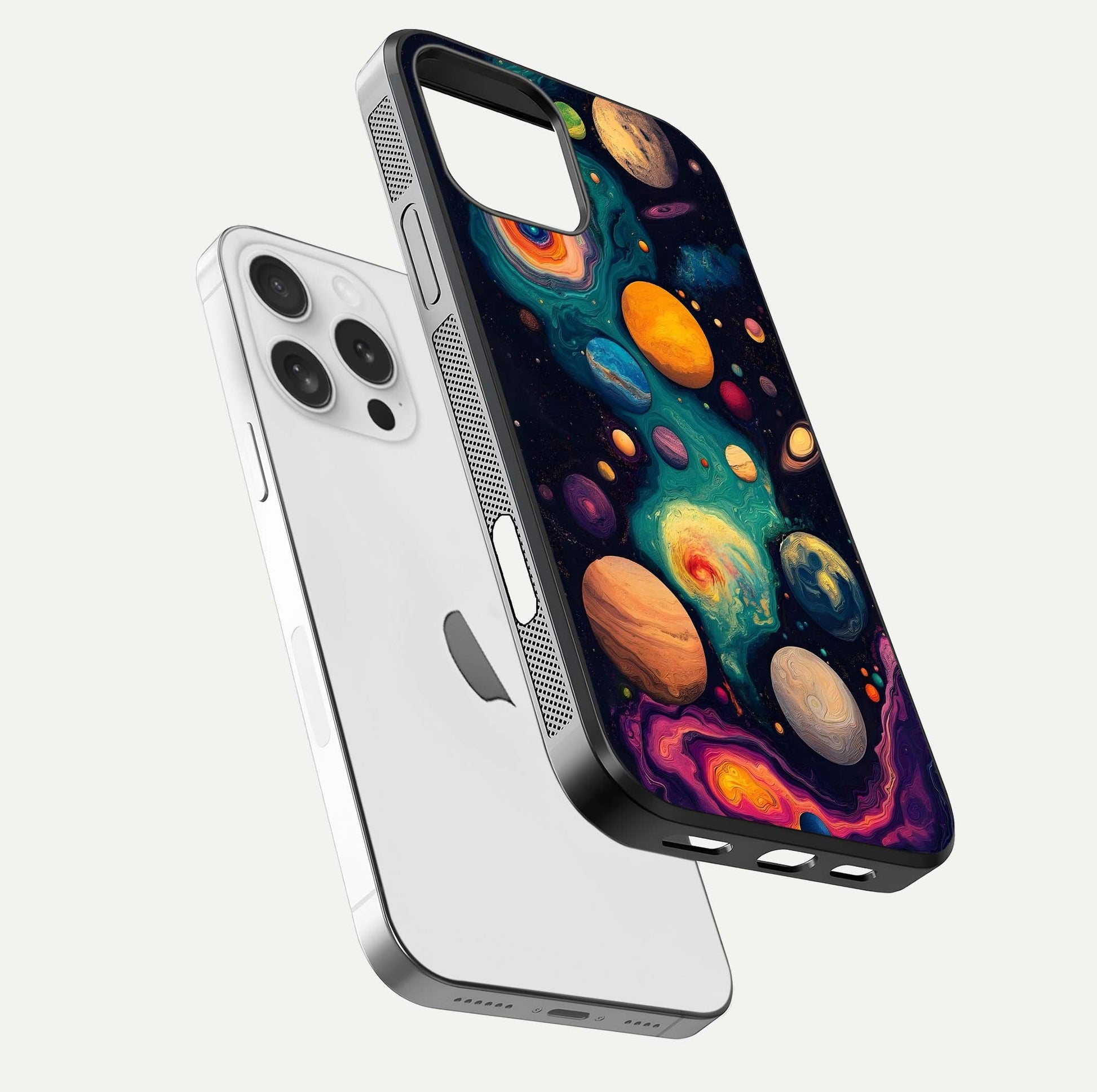 Cosmic Planet Journey Glass Case for iPhone 16 Pro floating mockup showing gloss gradient and deep shine