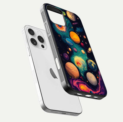 Cosmic Planet Journey Glass Case for iPhone 16 Pro floating mockup showing gloss gradient and deep shine