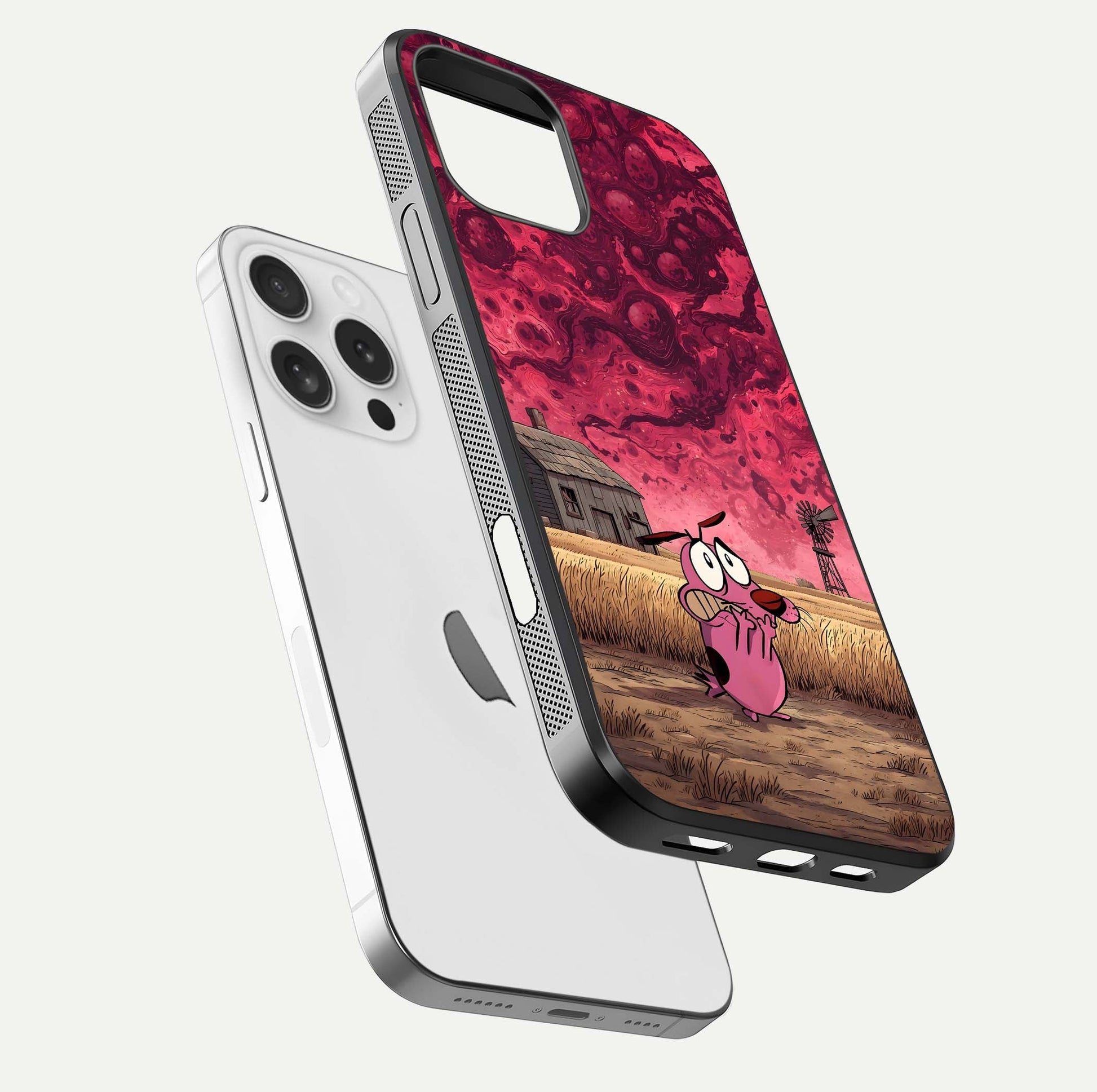 Courage Under Sky Glass Case for iPhone 16 Pro floating mockup showing shine reflection and clean edges