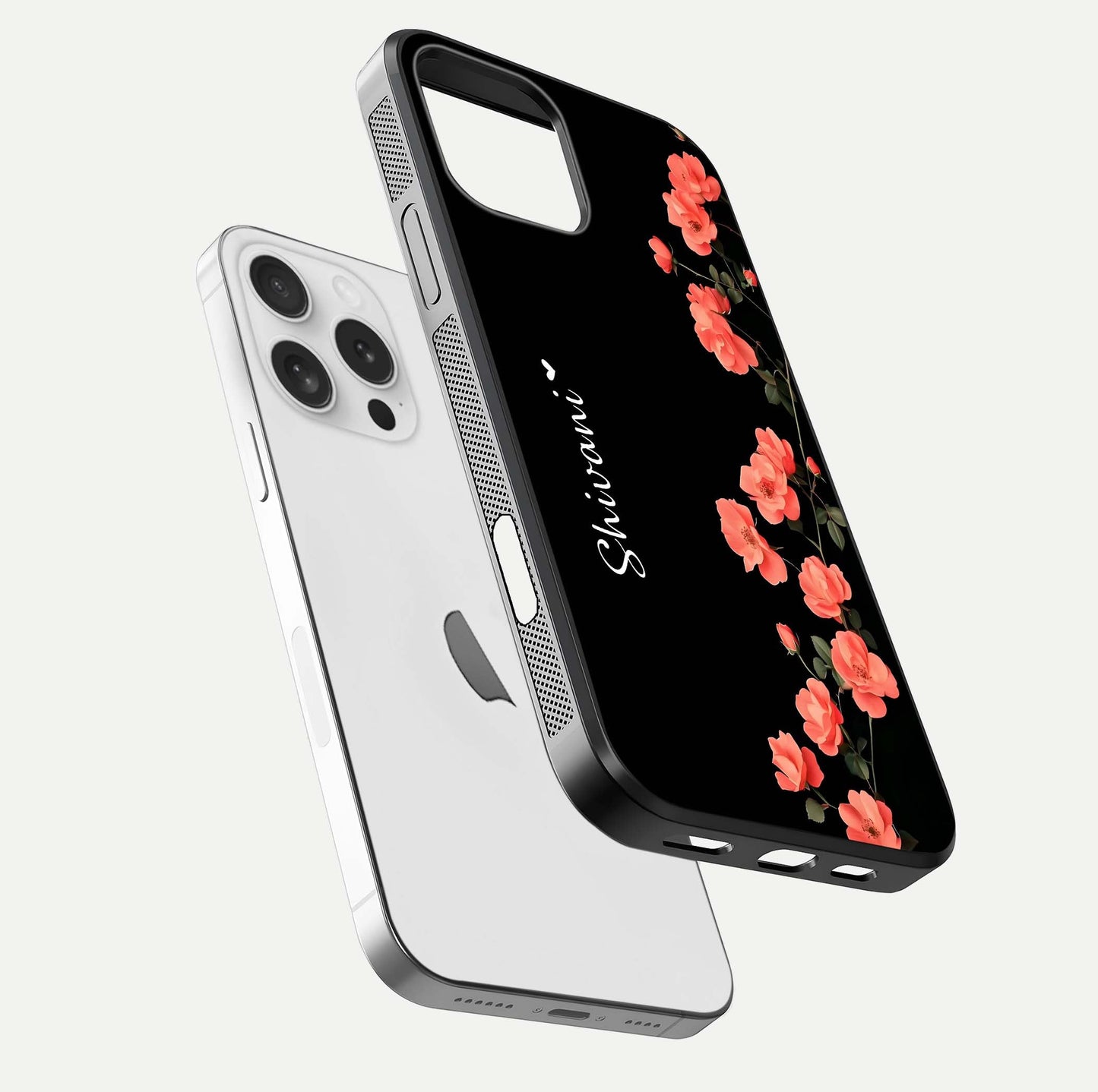Crimson Bloom Grace Custom Name Glass Case for iPhone 16 Pro floating mockup showing HD gloss and floral tones
