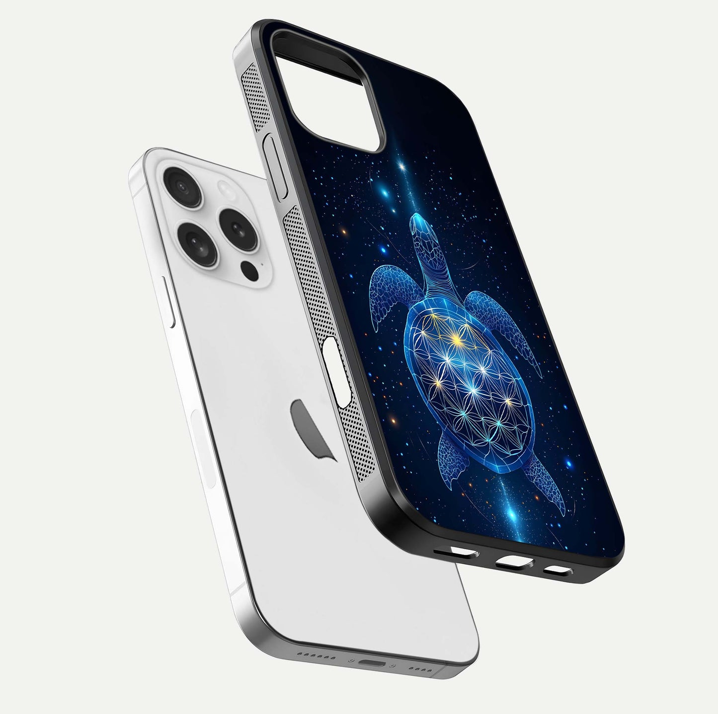 Crimson Blue Turtle Glass Case for iPhone 16 Pro floating mockup showing reflection polish and deep hues