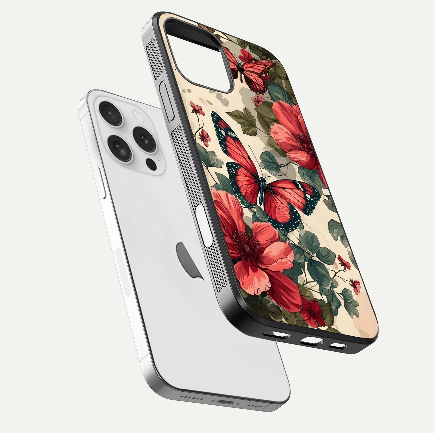 Crimson Butterfly Garden Glass Case for iPhone 16 Pro floating mockup showing HD gloss and vivid art