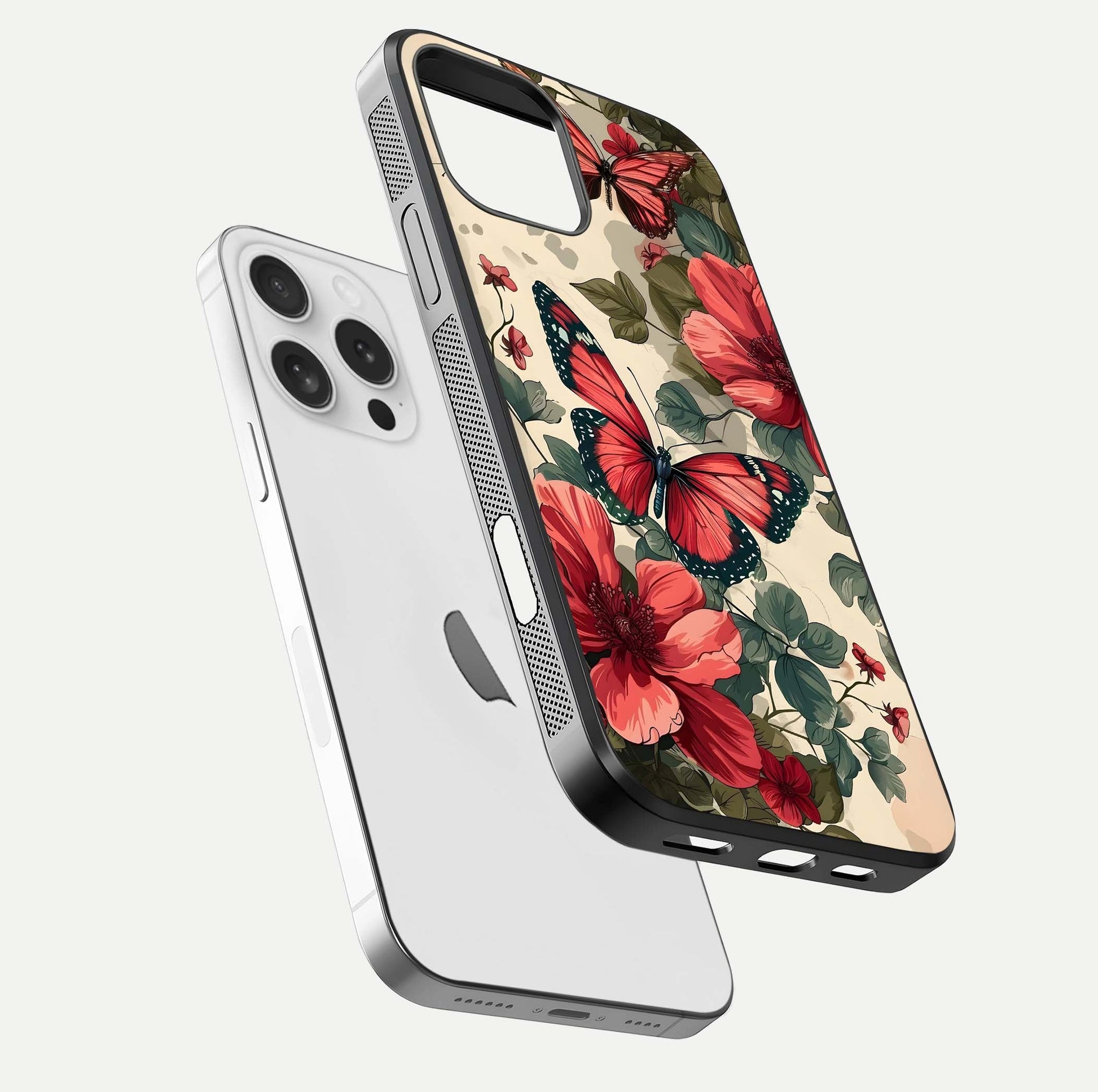Crimson Butterfly Garden Glass Case for iPhone 16 Pro floating mockup showing HD gloss and vivid art